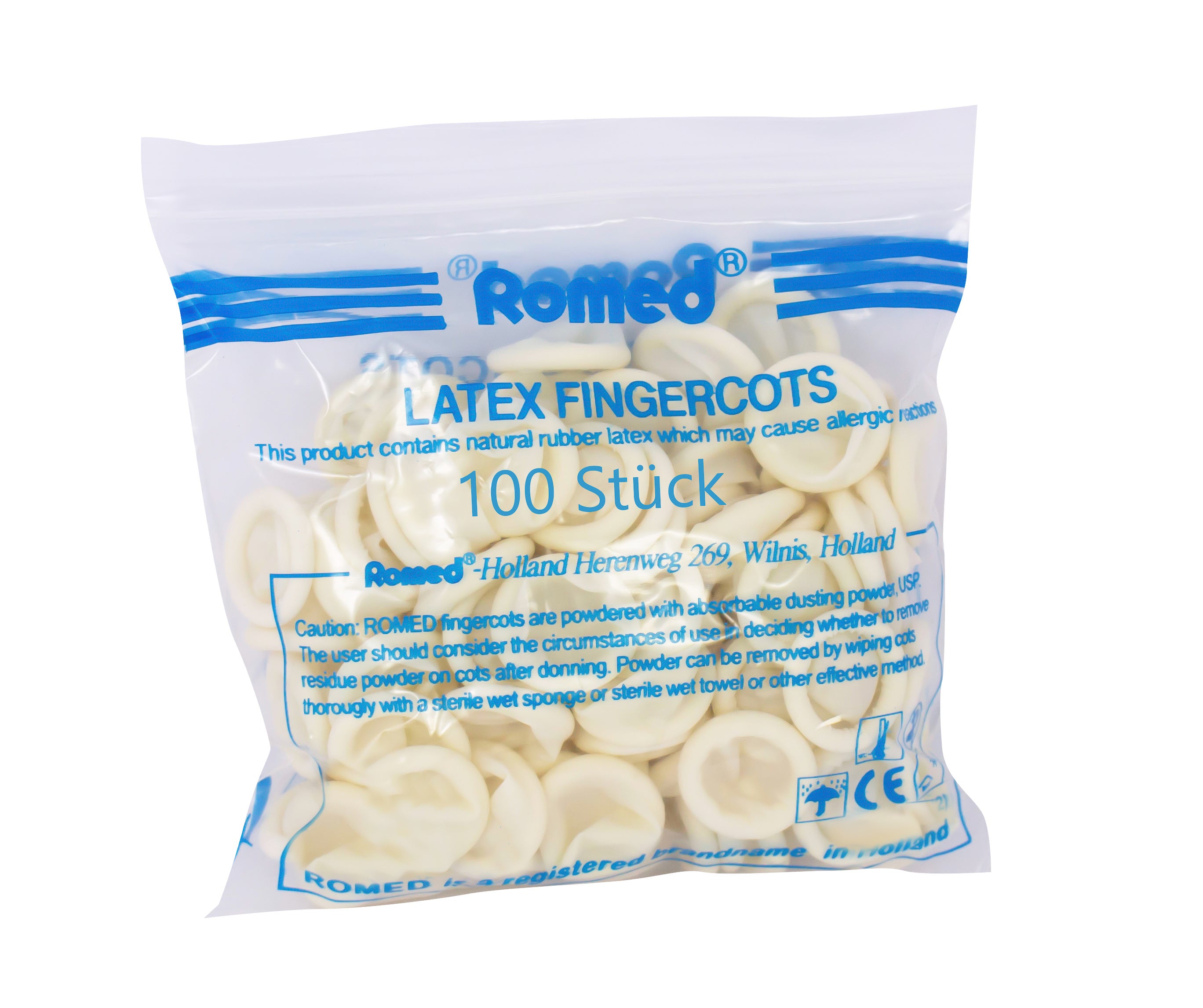 Weißes Produktbild von Romed Latex-Fingerlingen, gepudert, in einer transparenten Verpackung mit einem klaren Sichtfenster. Die Verpackung zeigt die Fingerlinge in einer Oberansicht, wobei die Größenangabe "L" (Large) deutlich lesbar ist. Die Fingerlinge sind gleichmäßig und ordentlich angeordnet, auf einem hellen Hintergrund, der die Produkte gut zur Geltung bringt. Verpackung enthält 100 Stück. Ideal für hygienische Anwendungen in medizinischen oder gastronomischen Bereichen.