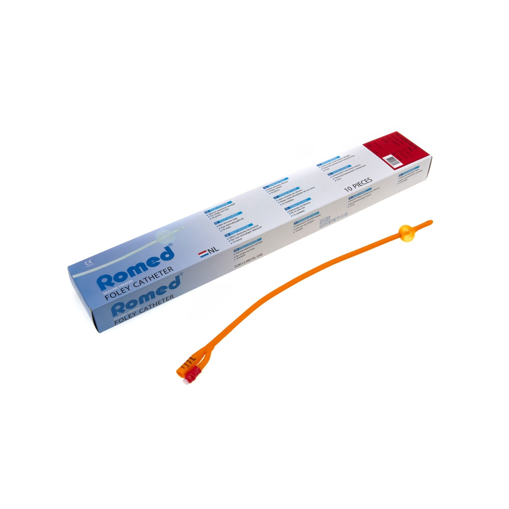 Frontalansicht eines Romed Foley 2-Wege Ballonkatheters aus Latex neben seiner Verpackung.