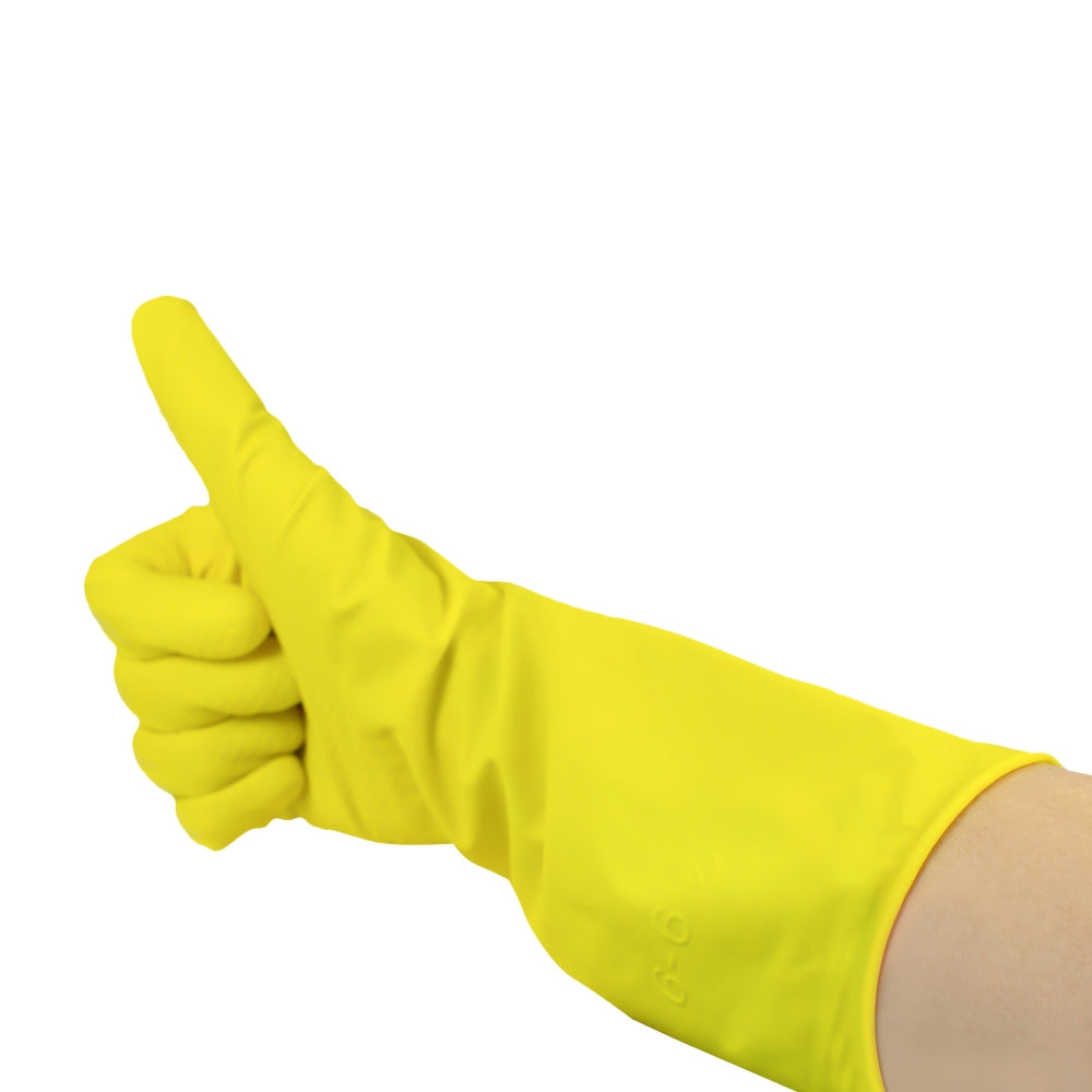 Bildbeschreibung: Auf dem Produktbild sind ein Paar gelbe Haushalts-Handschuhe aus 100% Naturlatex zu sehen. Die Handschuhe haben ein klassisches, einfaches Design mit langen Manschetten, die bis zum Handgelenk reichen. Ihre Oberfläche ist leicht strukturiert, um einen besseren Griff zu gewährleisten. Der Hintergrund des Bildes ist neutral gehalten, um die Handschuhe hervorzuheben.