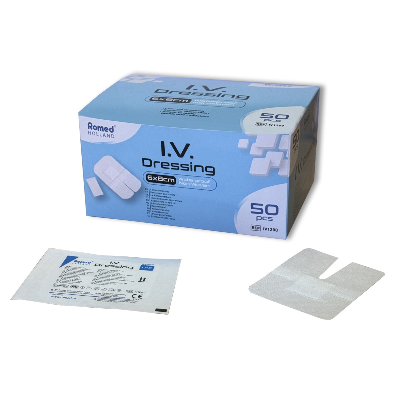 Sterile, wasserfeste Kanülenverbände von Romed in einer Größe von 6 x 8 cm präsentieren sich im Produktbild. Der Verband ist aus einem hautfreundlichen Vliesmaterial gefertigt, das eine atmungsaktive und angenehme Anwendung gewährleistet. Die Verpackung zeigt eine klare und informative Beschriftung mit Produktdetails und Anwendungshinweisen. Der Hintergrund ist neutral gehalten, um den Fokus auf den Verband zu lenken.