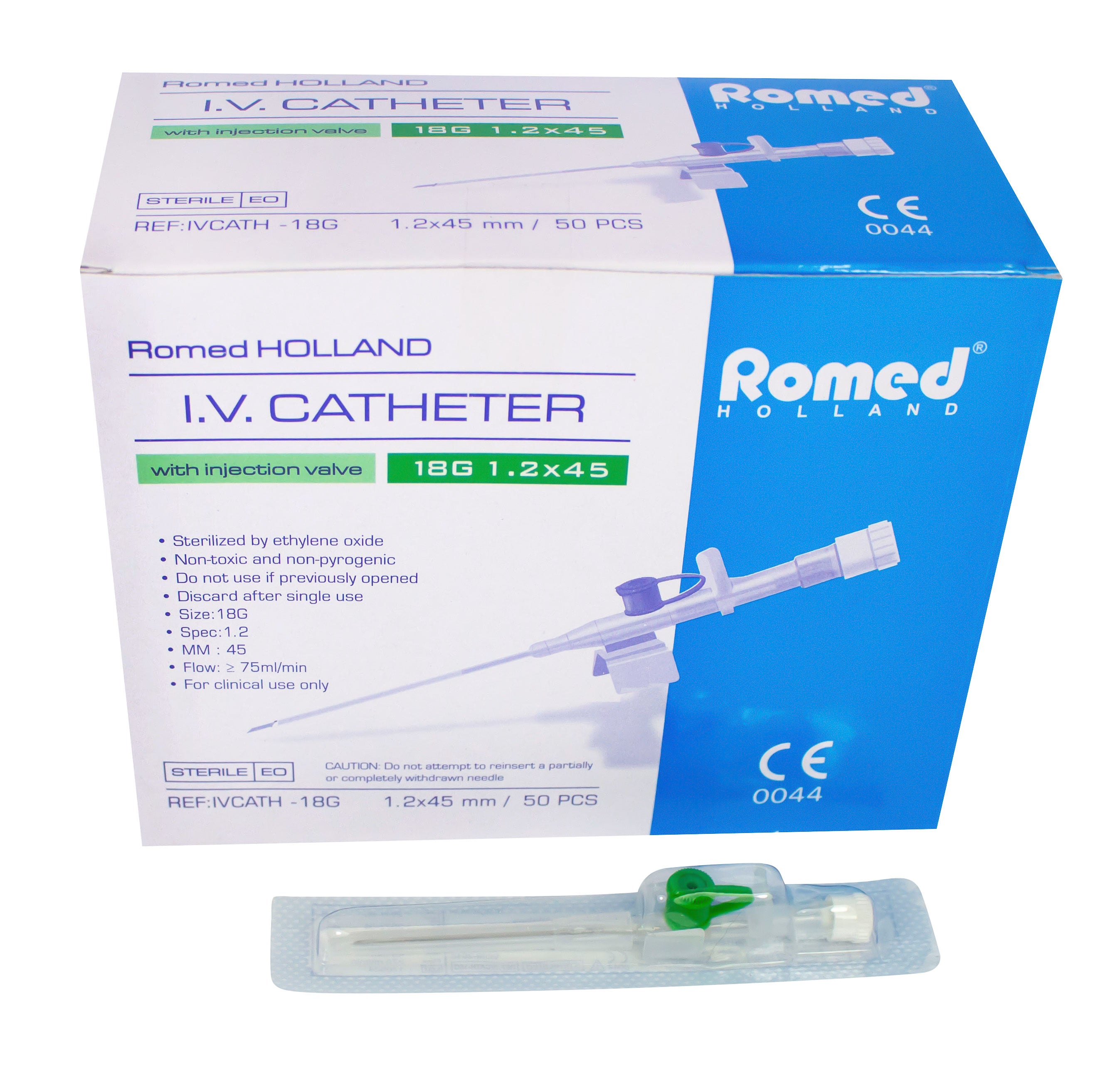 Produktbild eines Sterilpackungssets mit 50 Romed I.V.-Kathetern, auch bekannt als Venenverweilkanülen. Die Verpackung ist transparent und zeigt die einzelnen Kanülen, die alle in unterschiedlichen Längen und Durchmessern zu sehen sind. Jeder Katheter ist in einer hygienischen Blisterverpackung untergebracht. Die Produktverpackung ist klar beschriftet mit Informationen über die Sterilität und die Anzahl der enthaltenen Kanülen.