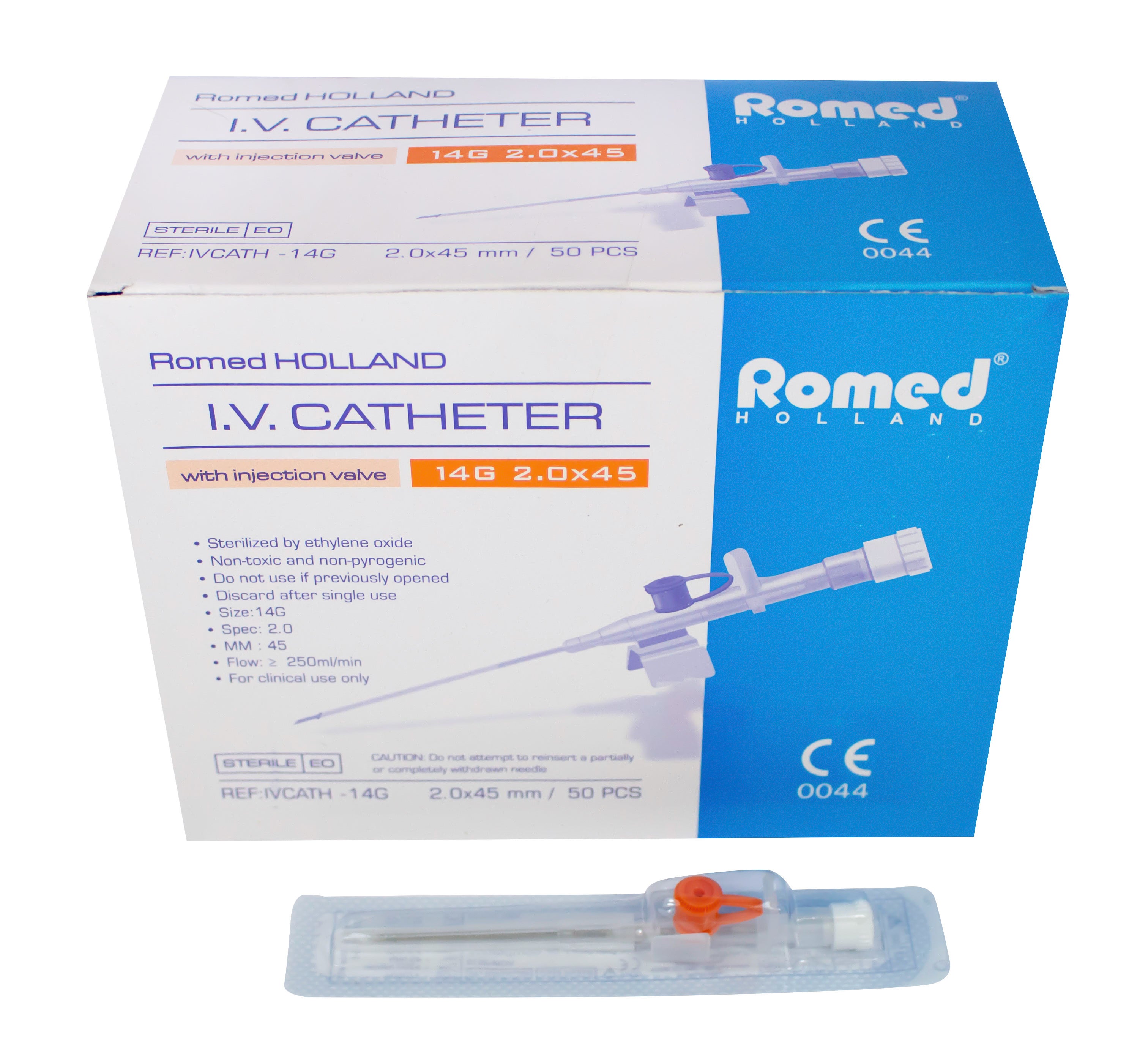 Bild zeigt eine sterile Verpackung mit 50 Stück Romed I.V. Kathetern, die als Venenverweilkanülen verwendet werden. Die Verpackung ist in einer transparenten Folie eingeschweißt, sodass die farbigen Katheter sichtbar sind. Die Katheter sind in unterschiedlichen Größen und Farben angeordnet, was die Auswahl erleichtert. Jede Kanüle ist mit einer farbigen Kennzeichnung versehen, die auf die Größe hinweist. Die Verpackung enthält außerdem wichtige Informationen und Anweisungen zur Verwendung.
