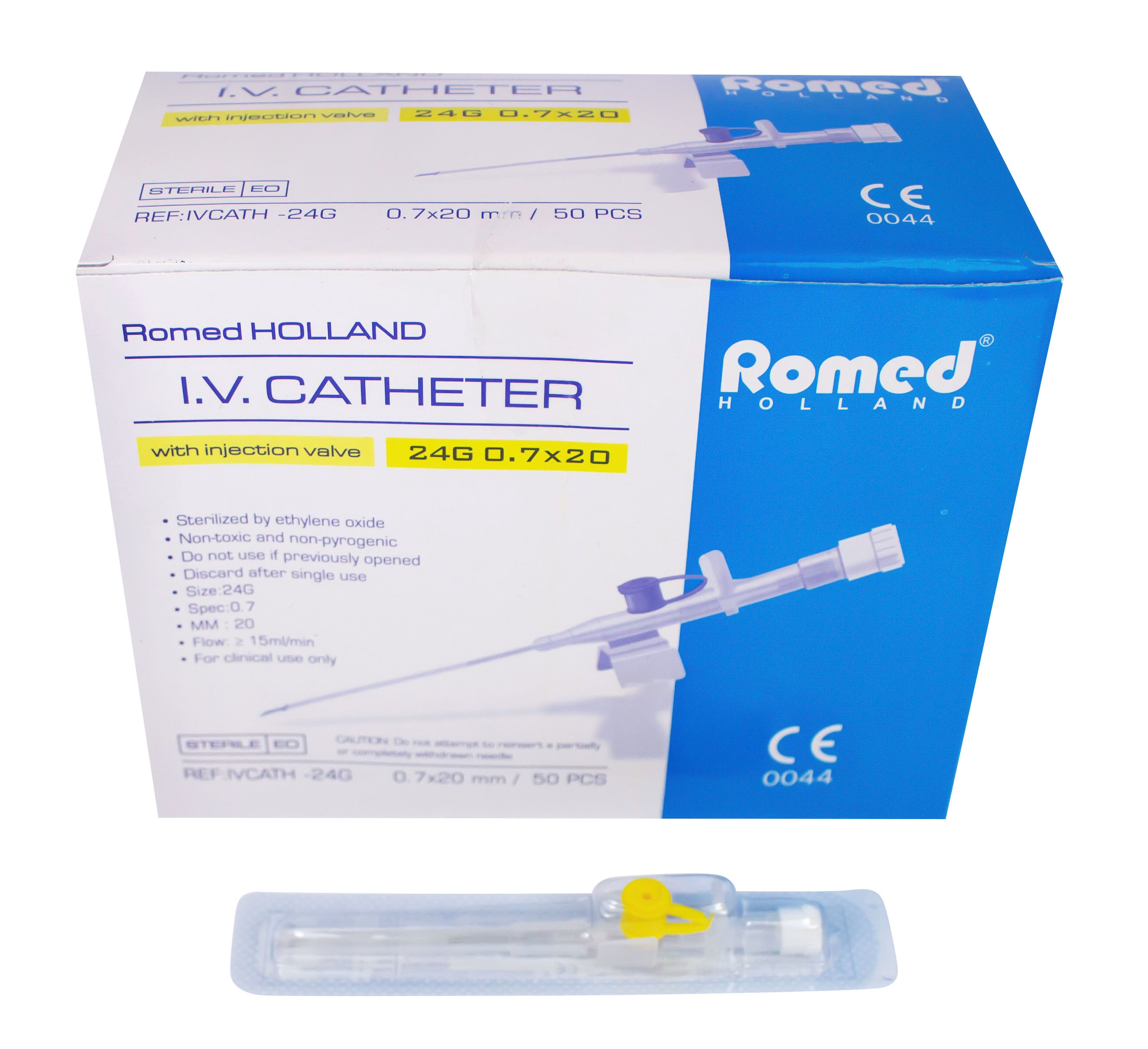 Bild eines Produkts: Eine Verpackung mit 50 sterilem Romed I.V.-Katheter (Venenverweilkanülen) in verschiedenen Größen. Die Kanülen sind in durchsichtigen, sterilen Einzelverpackungen angeordnet, die ein hygienisches und sicheres Entnehmen ermöglichen. Auf der Verpackung sind Informationen zu den Kanülen und eine Übersicht über die Größen und Mengen aufgedruckt. Der Hintergrund ist einfach gehalten, um den Fokus auf die Produkte zu lenken.