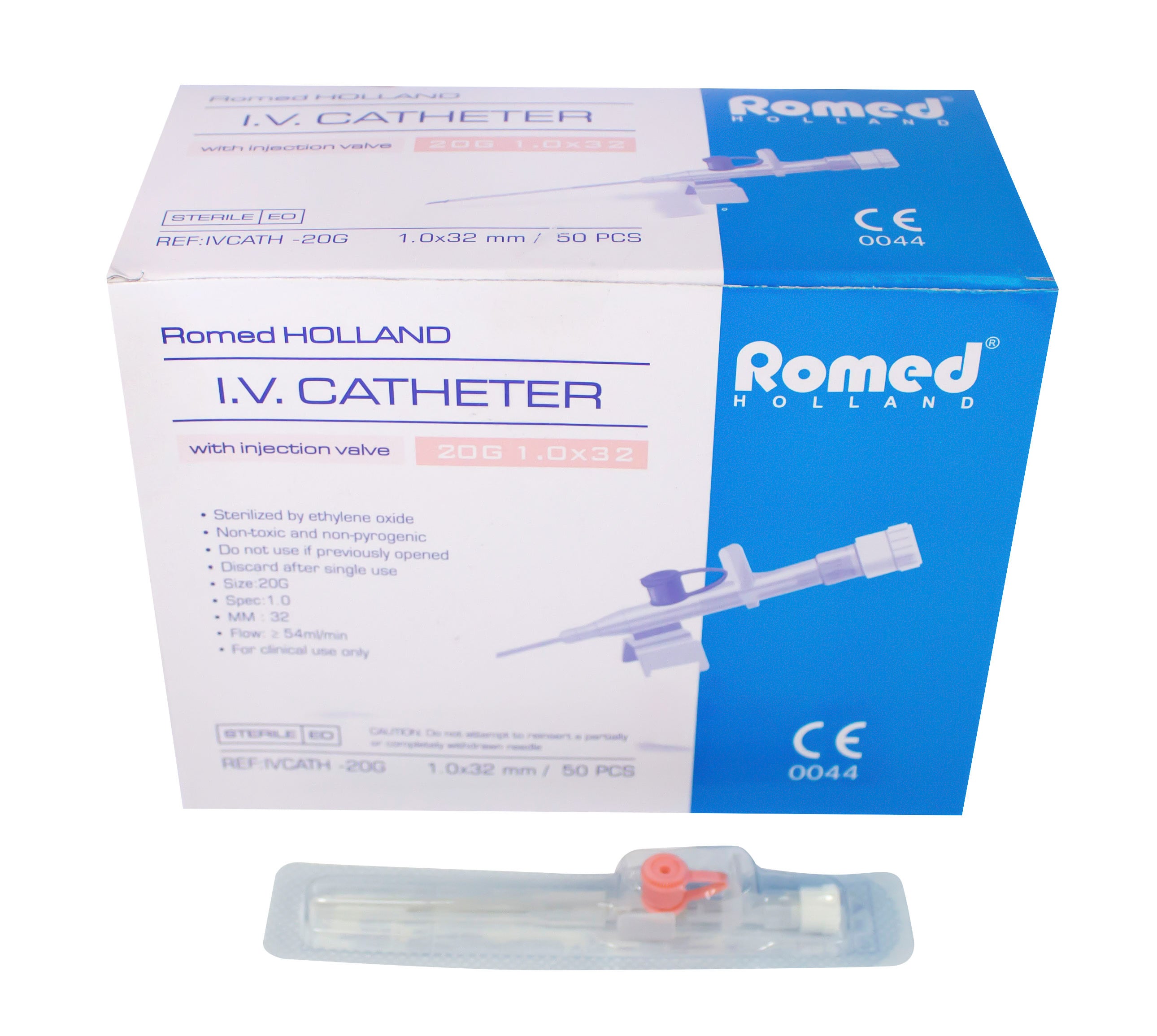 Bild eines Produkts: Romed I.V.-Katheter, Venenverweilkanülen in steril verpackter Box. Die Verpackung ist transparent und zeigt die Kanülen in der Farbe Gelb. Größe: 24G. Auf der Box sind wichtige Informationen wie die Anzahl der Kanülen (50 Stück), die größenabhängige Kennzeichnung und Sicherheitsinformationen abgedruckt. Die Kanülen sind in einer stabilen Form angeordnet, um die Sterilität zu gewährleisten. Ideal für medizinische Anwendungen zur intravenösen Therapie.