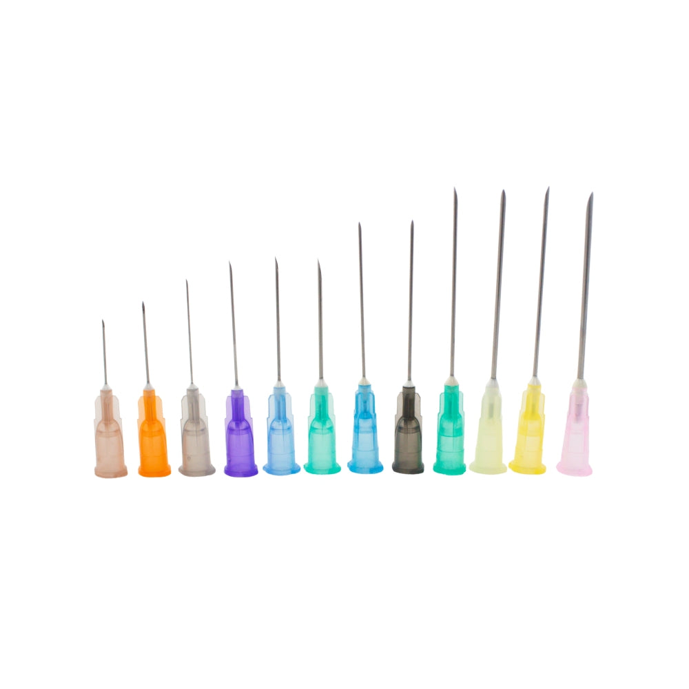 Hypodermic Needles in 13 Farben und Größen nebeneinander aufgereiht, farbige Kanülen mit Metallspritzen auf Weiß