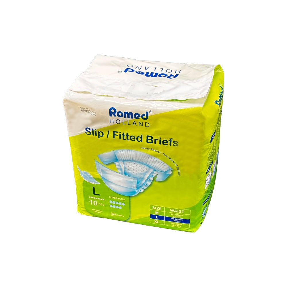 Ein Produktbild zeigt eine Packung Romed Inkontinenzwindeln für Erwachsene in der Größe M. Die Verpackung ist überwiegend in Blau und Weiß gehalten, mit dem Markennamen "Romed" prominent dargestellt. Darunter steht "Inkontinenzwindeln Super Plus". Oben links befindet sich ein Symbol, das auf die hoch absorbierenden Eigenschaften hinweist. Die Packung zeigt eine transparente Sichtfenster, durch das die Windeln teilweise sichtbar sind.