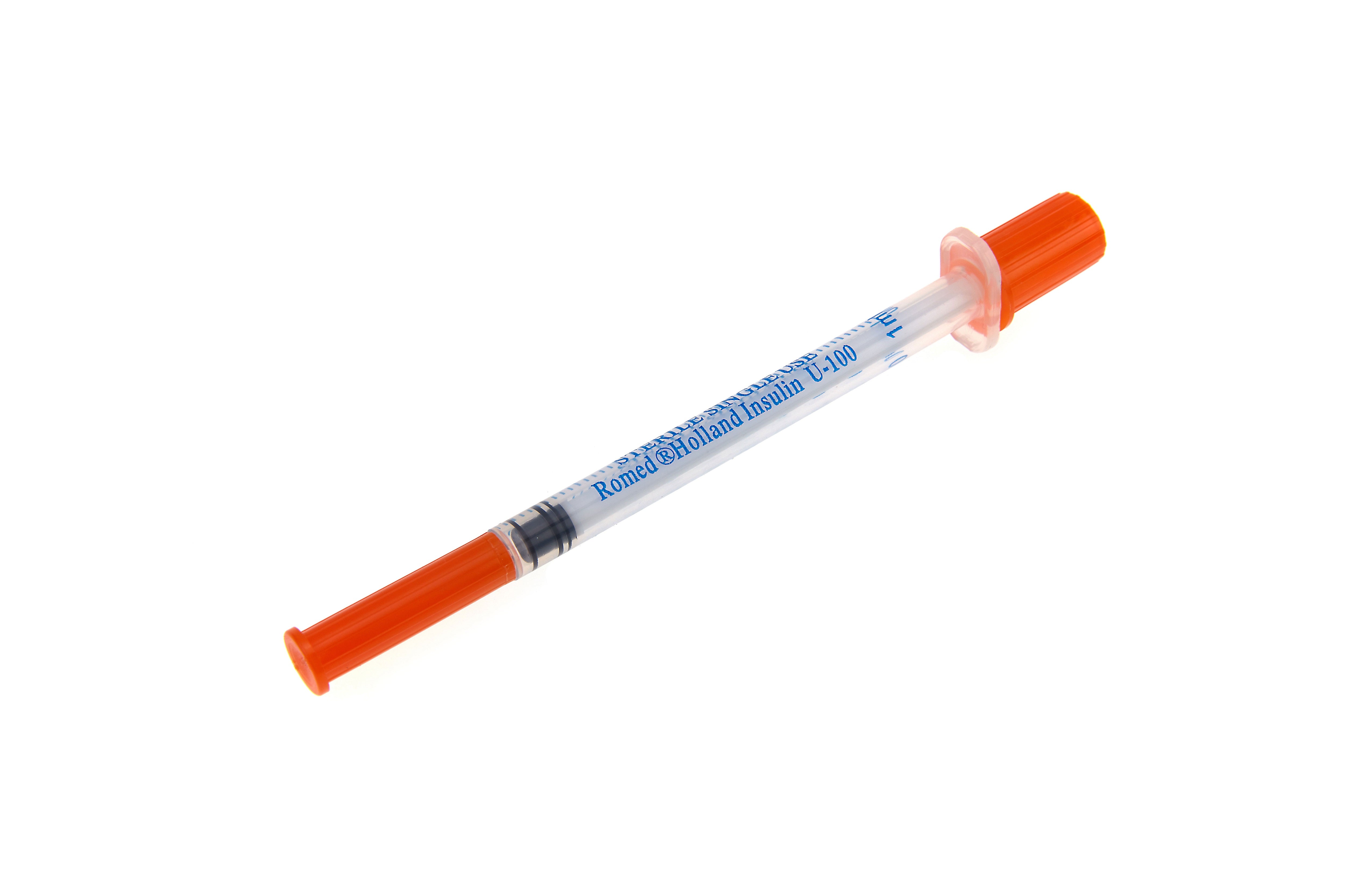 Die Abbildung zeigt eine Packung mit Insulinspritzen. Die Spritzen sind U-100 und enthalten je 1 ml zur präzisen Dosierung von 100 i.E. Insulin. Sie sind steril verpackt und bereit für den einmaligen Gebrauch. Die Spritzen haben eine klare Skala für einfache Ablesbarkeit. Die Verpackung ist in einem hygienischen Design gehalten, das das medizinische Produkt schützt. Die Spritzen sind geeignet für diabetische Patienten zur Insulinverabreichung.