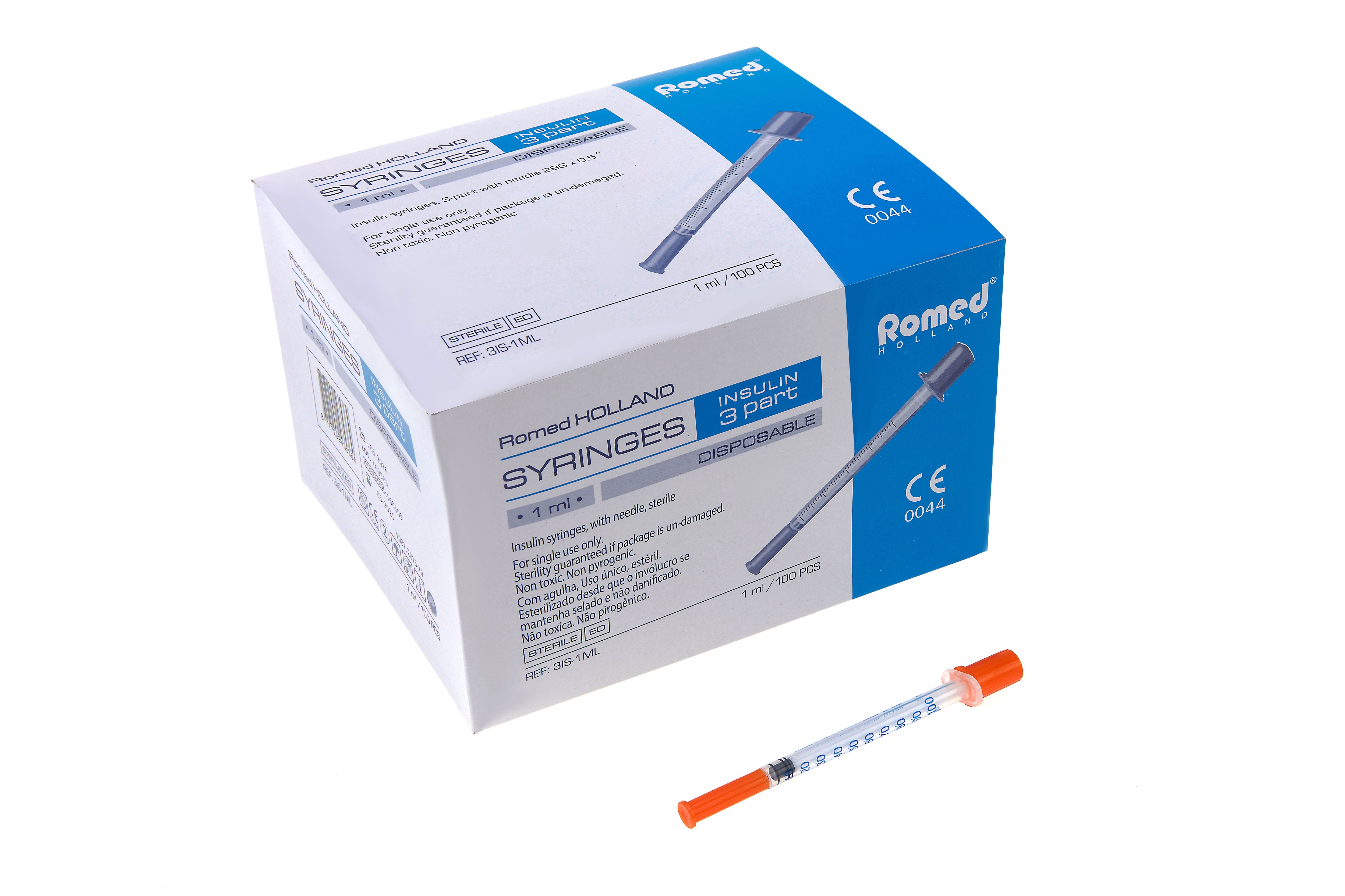 Bildbeschreibung: Eine Verpackung mit Insulinspritzen in einer transparenten Blisterverpackung. Es sind insgesamt 10 sterile Spritzen abgebildet, die eine Kapazität von 1 ml und eine Dosierung von 100 IE haben. Jede Spritze ist mit einem farbcodierten Kolbenstempel ausgestattet, der eine präzise Dosierung von Insulin ermöglicht. Die Spritzen sind für den einmaligen Gebrauch konzipiert und verfügen über eine feine Nadel, um eine schmerzarme Injektion zu gewährleisten.