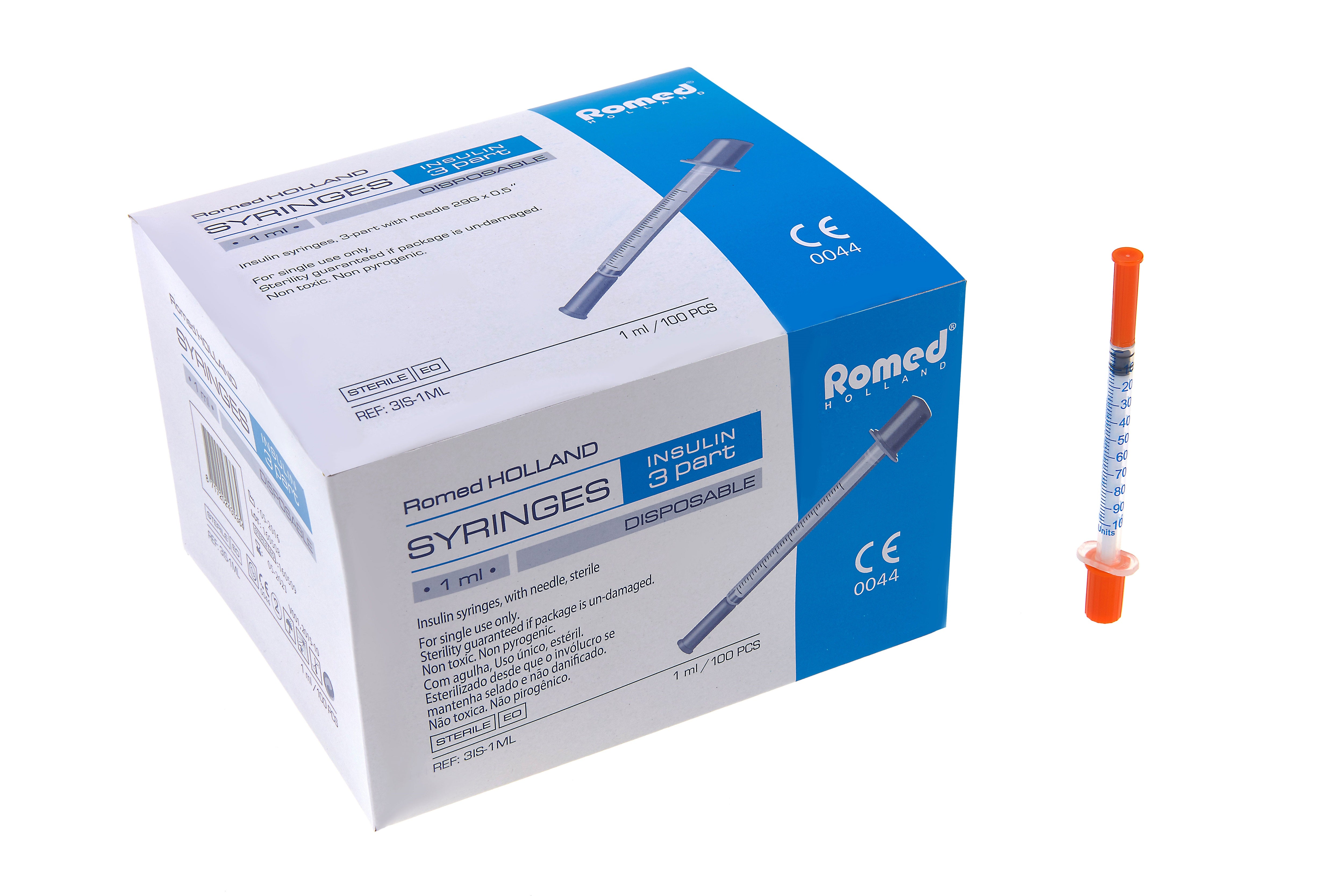 Bild zeigt eine Packung mit Romed Insulinspritzen, U-100, steril, mit einer Kapazität von 1 ml und einer Dosis von 100 IE. Die Spritzen sind transparent und weisen eine graduierte Skala zur genauen Dosierung auf. Die Packung enthält mehrere Spritzen, die sicher und hygienisch verpackt sind. Der Hintergrund ist neutral gehalten, um die Produktmerkmale hervorzuheben.