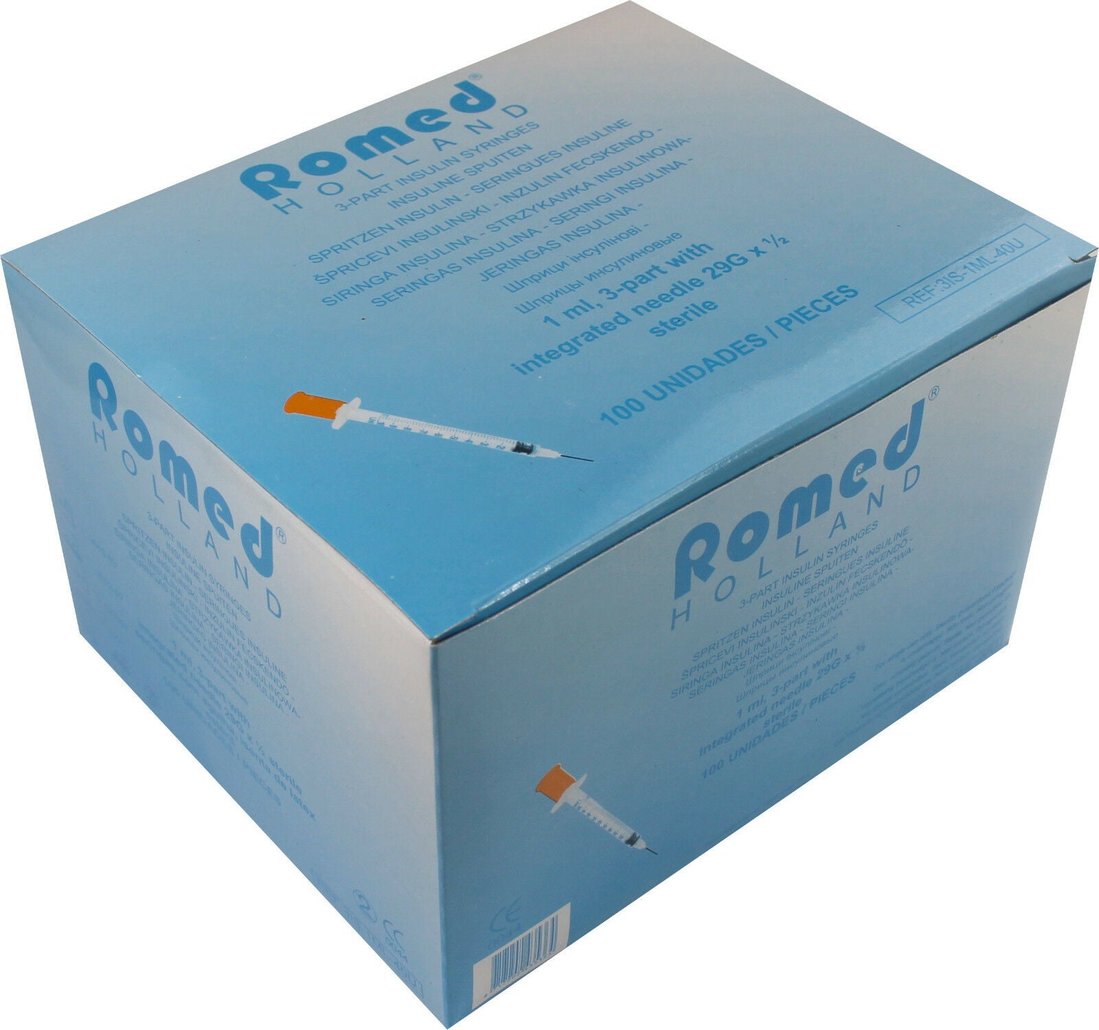 Bild eines Produkts: Eine Packung mit fünf sterilen Insulinspritzen, Typ U-40, 1 ml. Die Spritzen sind transparent und verfügen über eine feine Skala zur präzisen Dosierung. Jedes Spritze zeigt eine klare Markierung für 40 I.E. Insulin. Die Packung ist in einem weißen und grünen Design gehalten, mit clearly visible Informationen zu Hersteller und Anwendungshinweisen. Diese Spritzen sind geeignet für diabetische Patienten zur einfachen und sicheren Insulinverabreichung.