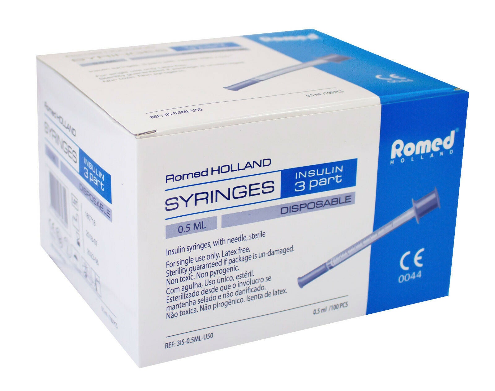 Bild von Romed Insulinspritzen U-50, steril, mit einer Kapazität von 0,5 ml und einer Dosis von 50 IE. Die Spritzen sind transparent, die Skalierung ist gut lesbar und zeigt klare Markierungen für präzises Dosieren. Auf der Verpackung sind Produktinformationen und das Romed-Logo abgebildet. Die Spritzen sind einzeln verpackt, um Sterilität zu gewährleisten. Das Bild vermittelt einen Eindruck von Professionalität und Verlässlichkeit, geeignet für Diabetiker und medizinisches Fachpersonal.