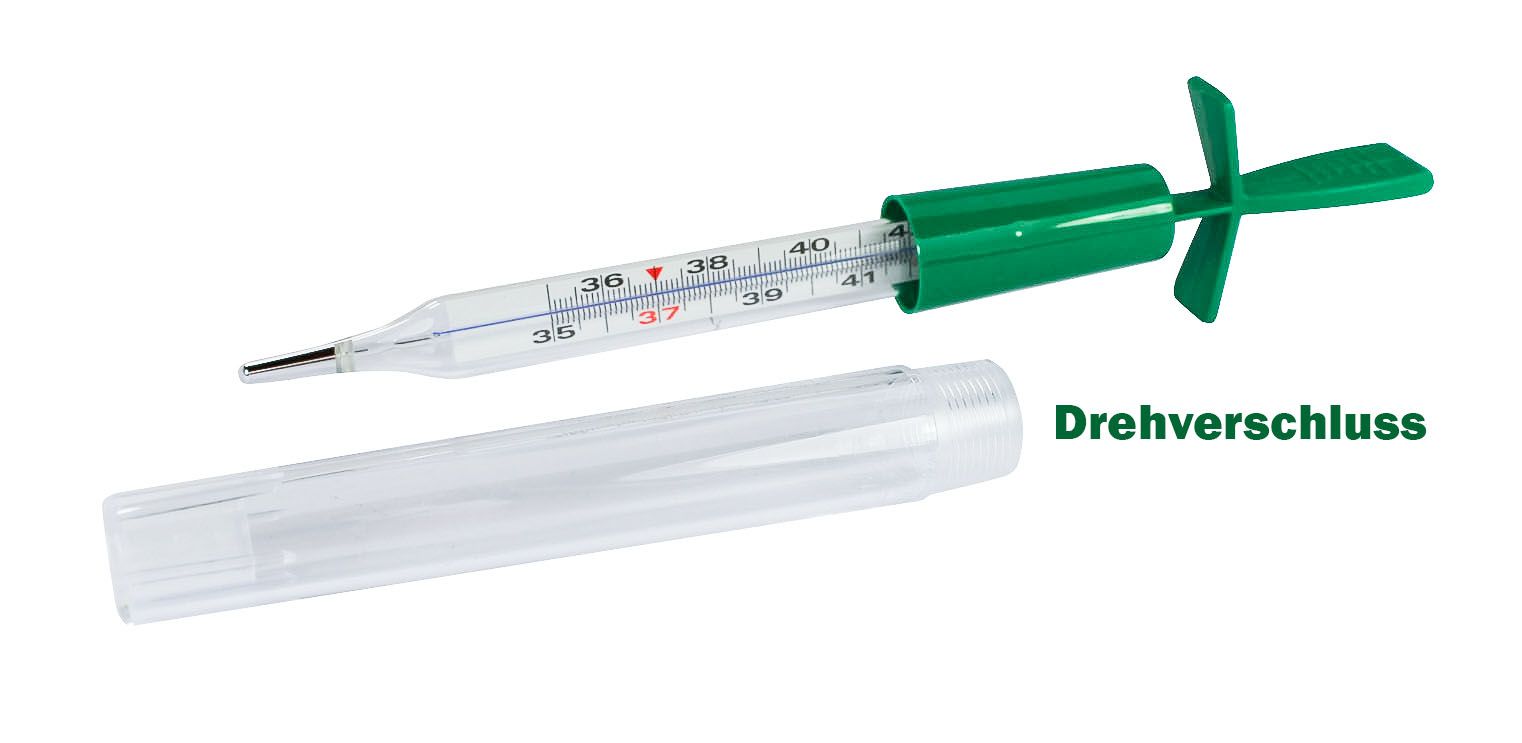 Ein klassisches, analoges Fieberthermometer ohne Quecksilber liegt auf einem hellen, neutralen Hintergrund. Das Thermometer hat eine schlanke, transparente Kunststoffhülle und ist mit einer markierten Skala versehen, die von 35 °C bis 42 °C reicht. Oben am Thermometer befindet sich eine deutliche, weiße Anzeigefläche mit farbigen Markierungen. Am unteren Ende ist eine metallische Spitze sichtbar, die zur Temperaturmessung dient.