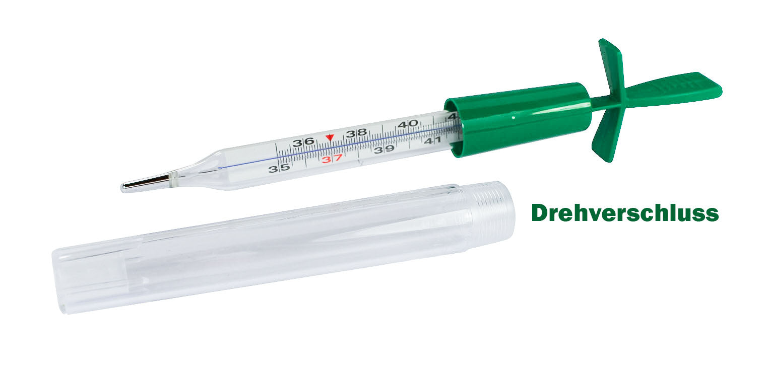 Ein klassisches analoges Fieberthermometer ohne Quecksilber, das in einer klaren, transparenten Hülle präsentiert wird. Das Thermometer zeigt eine klare, gut lesbare Skala in Celsius und Fahrenheit an, mit einer roten Flüssigkeit, die den aktuellen Temperaturwert anzeigt. Die Konstruktion ist einfach und funktional, mit einem weißen, ovalen Körper und einer stabilen Spitze.