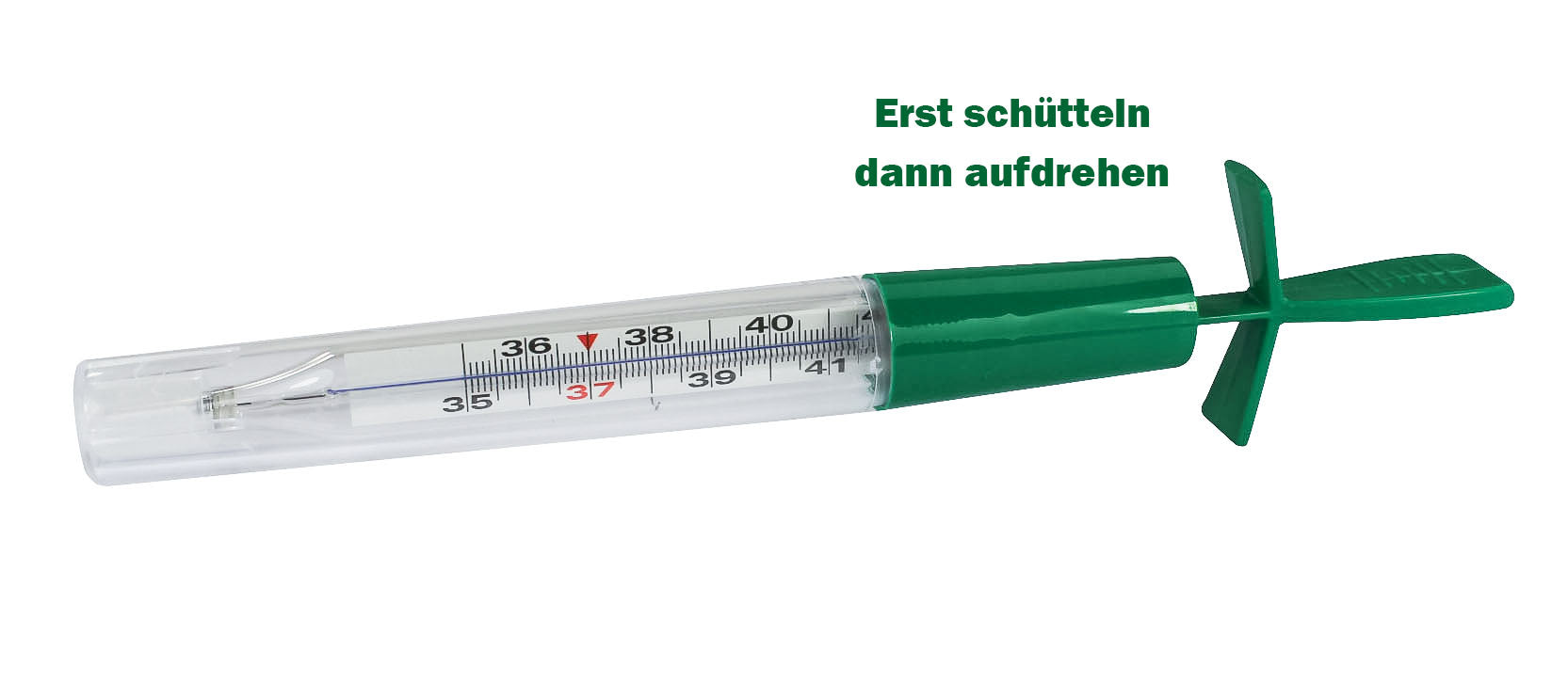 Ein klassisches analoges Fieberthermometer ohne Quecksilber, abgebildet auf einem neutralen Hintergrund. Das Thermometer hat eine durchsichtige Glasröhre mit einer klar ablesbaren Skala in Celsius und Fahrenheit, die an der Röhre entlang verläuft. Am oberen Ende befindet sich eine kleine markierte Spitze zur genauen Messung. Die Anzeige wird durch eine farbige Flüssigkeit hervorgehoben, die die Temperatur angibt. Das Design ist schlicht und funktional, ideal für den Hausgebrauch.