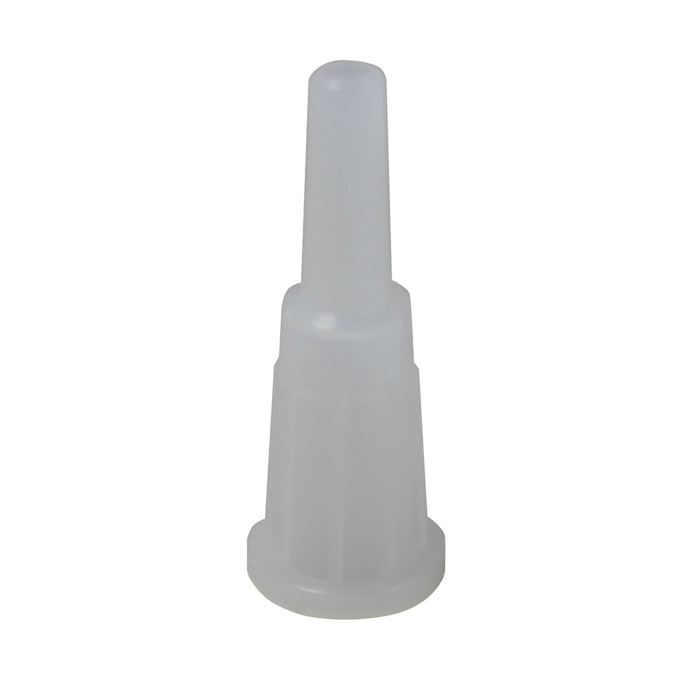 Luer-Adapter für Blasenspritzen, aus robustem Kunststoff in weißer Farbe. Der Adapter hat eine standardisierte Luer-Lock-Verbindung an einer Seite und eine offene Schnittstelle auf der anderen Seite. Er ist auf einem neutralen Hintergrund abgebildet, der die Produktdetails betont. Die Konstruktion zeigt präzise Kanten und eine glatte Oberfläche, ideal für medizinische Anwendungen. Die Abmessungen sind kompakt, was die Handhabung erleichtert.
