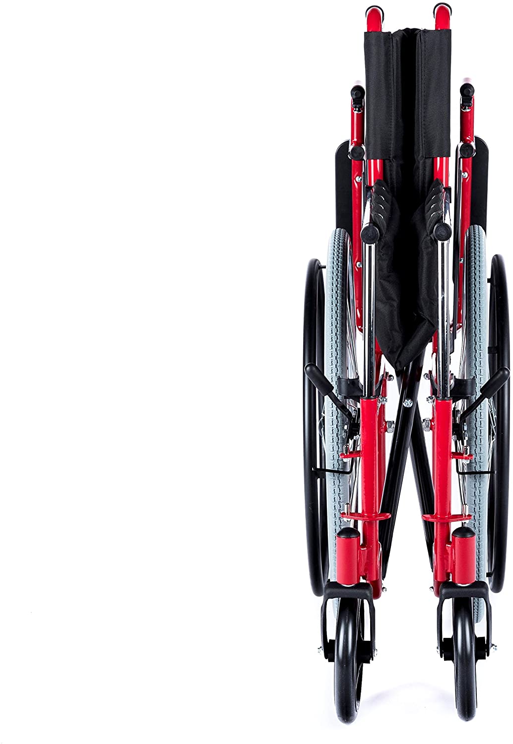 Bild eines faltbaren manuellen Rollstuhls mit einer Sitzbreite von 46 cm. Der Rollstuhl zeigt ein modernes, ergonomisches Design mit schwarz-grauem Gestell. Die Sitzfläche und Rückenlehne sind mit einem strapazierfähigen, atmungsaktiven Stoff bezogen. Die Armlehnen sind gepolstert und der Rollstuhl verfügt über abnehmbare Fußstützen, die für zusätzlichen Komfort sorgen. Die beiden großen Hinterräder und die kleinen Vorderräder sind stabil, was eine einfache Handhabung und Mobilität gewährleistet.