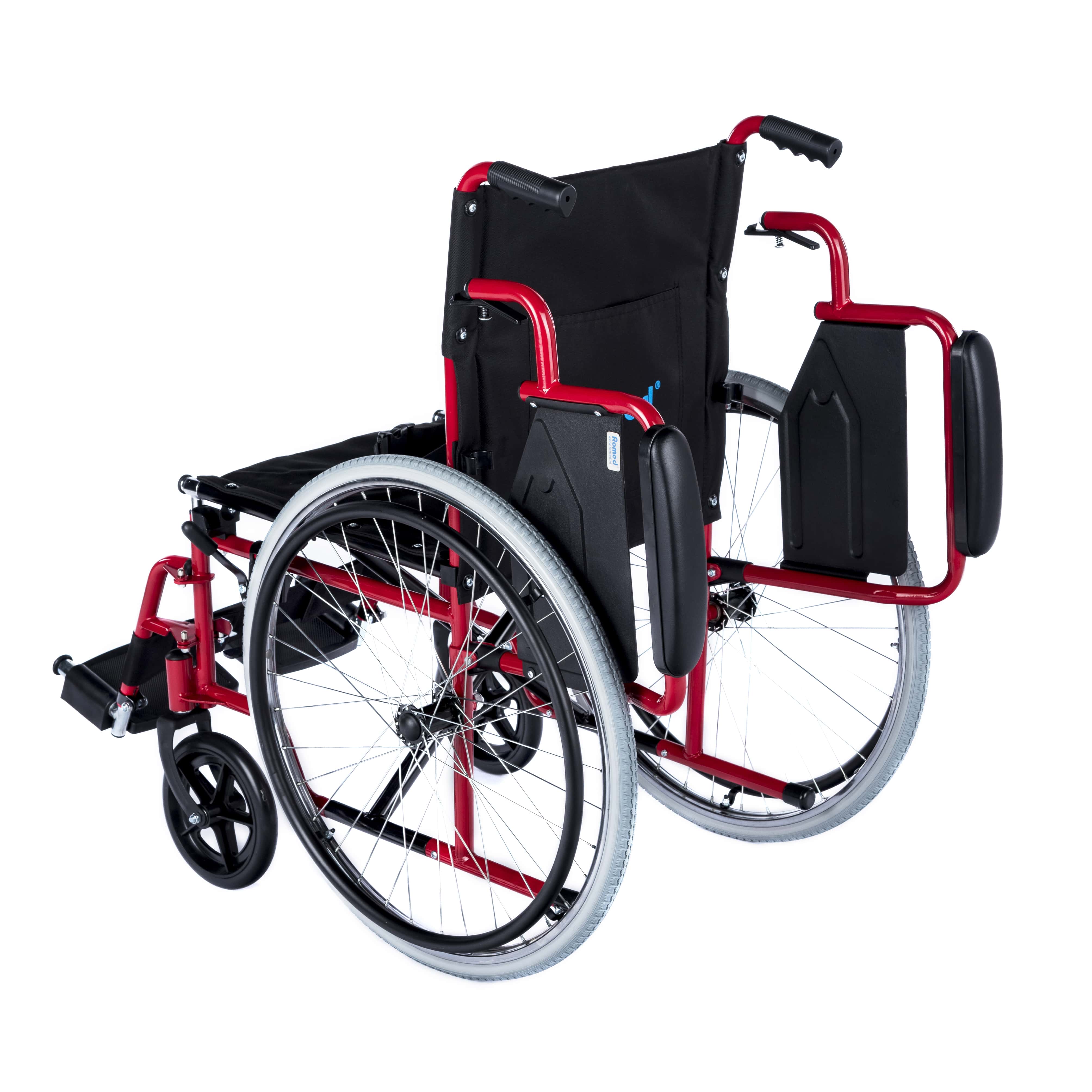 Manueller Rollstuhl "Dynamic" mit einer Sitzbreite von 46 cm. Der faltbare Rollstuhl präsentiert sich in einem modernen Design, mit einem stabilen, leichten Rahmen in Schwarz. Die Sitzfläche und die Rückenlehne sind gepolstert und verfügen über ein ansprechendes, blauer Stoffbezug. Die Armlehnen sind in der Höhe verstellbar und bieten zusätzlichen Komfort. Die großen, robusten Hinterräder sind mit speziellen Reifen ausgestattet, die eine einfache Maneuverierbarkeit ermöglichen.