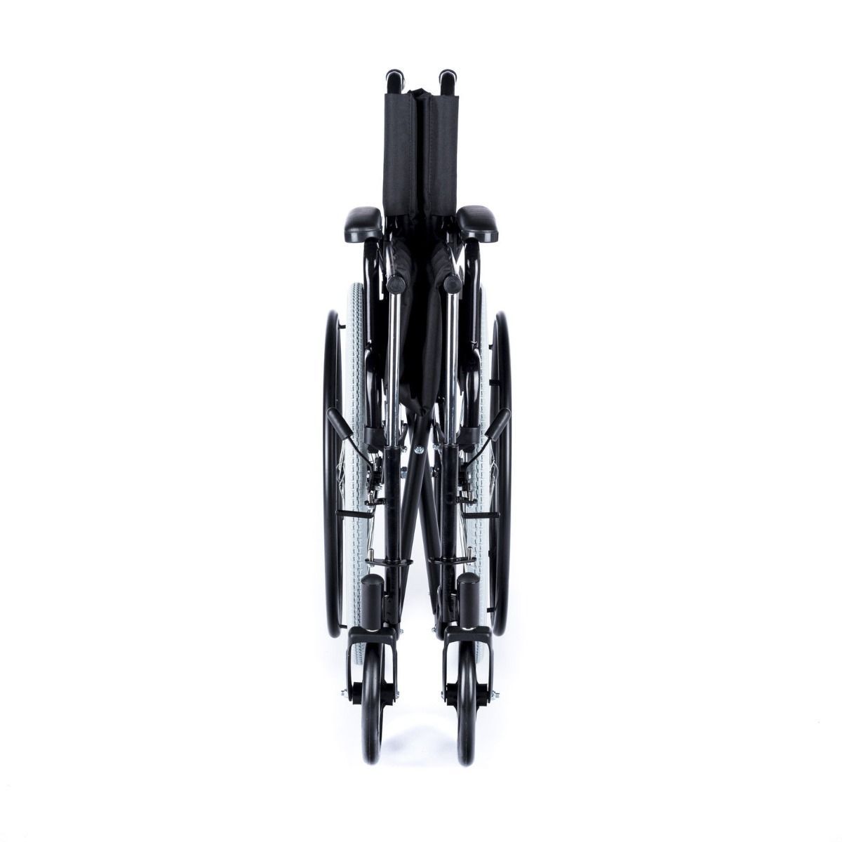Manueller Rollstuhl in der Farbe Schwarz, Model "Dynamic", mit einer Sitzbreite von 46 cm. Er ist faltbar und zeigt eine stabile Konstruktion mit abgefederten Armlehnen und einem gepolsterten Sitzpolster. Die Räder sind groß und robust, geeignet für verschiedene Untergründe. Im Hintergrund ist ein neutraler Raum zu sehen, der den Rollstuhl gut präsentiert. Der Rollstuhl bietet eine praktische Lösung für mobilitätseingeschränkte Personen und ist ideal für den täglichen Einsatz.