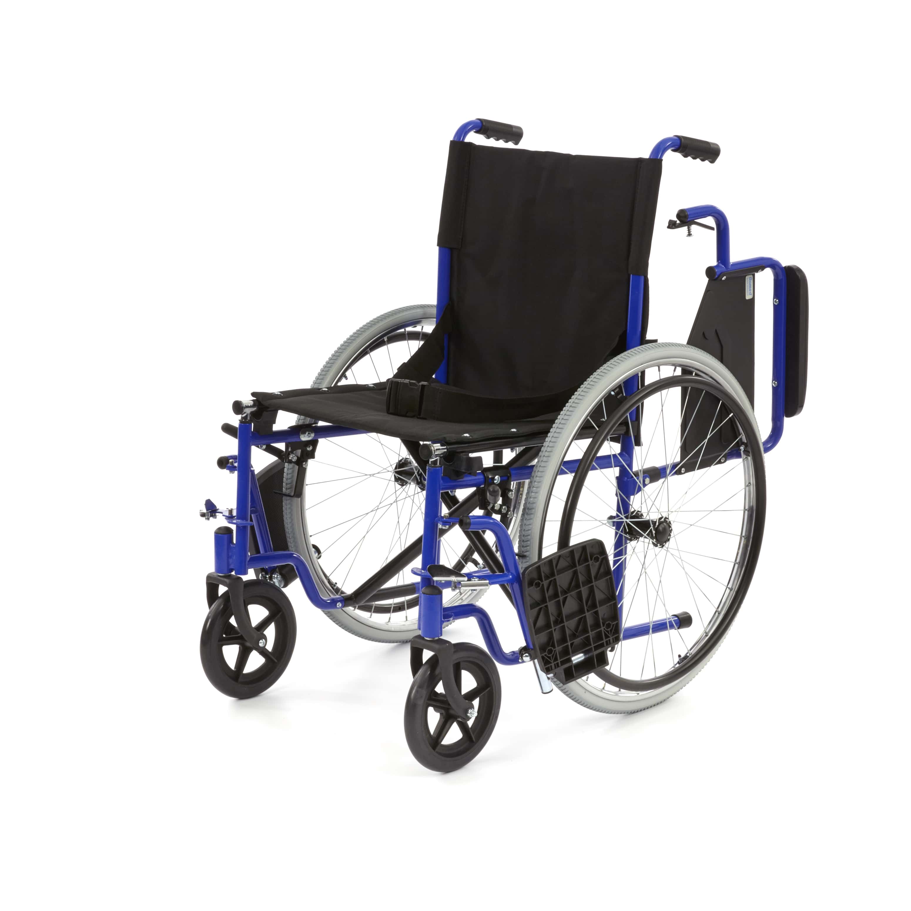 Manueller Rollstuhl von Romed mit einer Sitzbreite von 46 cm, faltbar und dynamisch. Der Rollstuhl ist in einem modernen, eleganten Design gehalten, mit einem stabilen Rahmen in Schwarz. Die Armlehnen sind abnehmbar und gepolstert für zusätzlichen Komfort. Die Rückenlehne ist ebenfalls hoch und bequem. Die Räder sind groß und robust, ideal für verschiedene Oberflächen. Das Bild zeigt den Rollstuhl auf einem neutralen Hintergrund, um seine Funktionalität und Benutzerfreundlichkeit hervorzuheben.