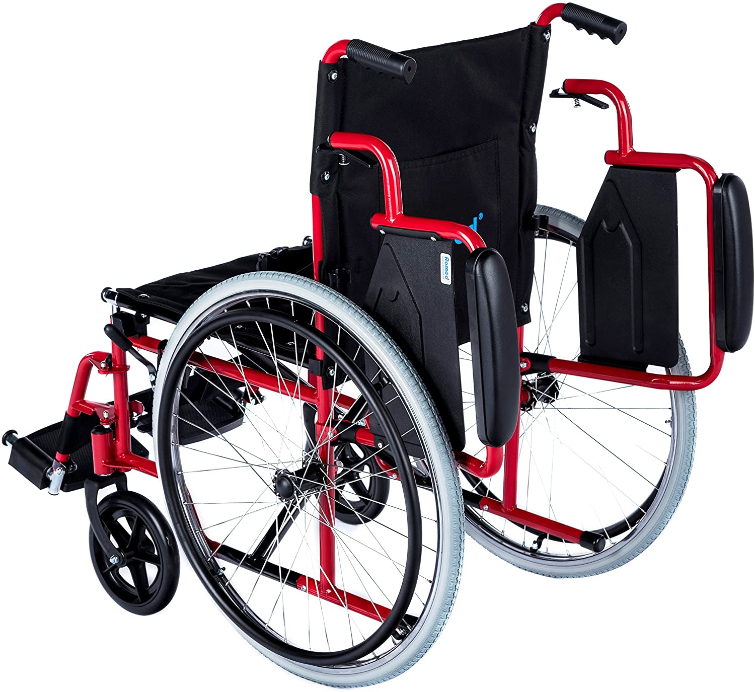 Ein robuster, faltbarer manueller Rollstuhl mit einer Sitzbreite von 46 cm. Der Rollstuhl ist in einem ansprechenden dunkelblauen Farbton gehalten und verfügt über eine komfortable, gepolsterte Sitzfläche sowie Armlehnen. Die Rückenlehne ist leicht nach hinten geneigt, was zusätzlichen Komfort bietet. Die Räder sind groß und stark, ideal für verschiedene Untergründe. Besonders hervorzuheben sind die Fußstützen, die verstellbar sind.