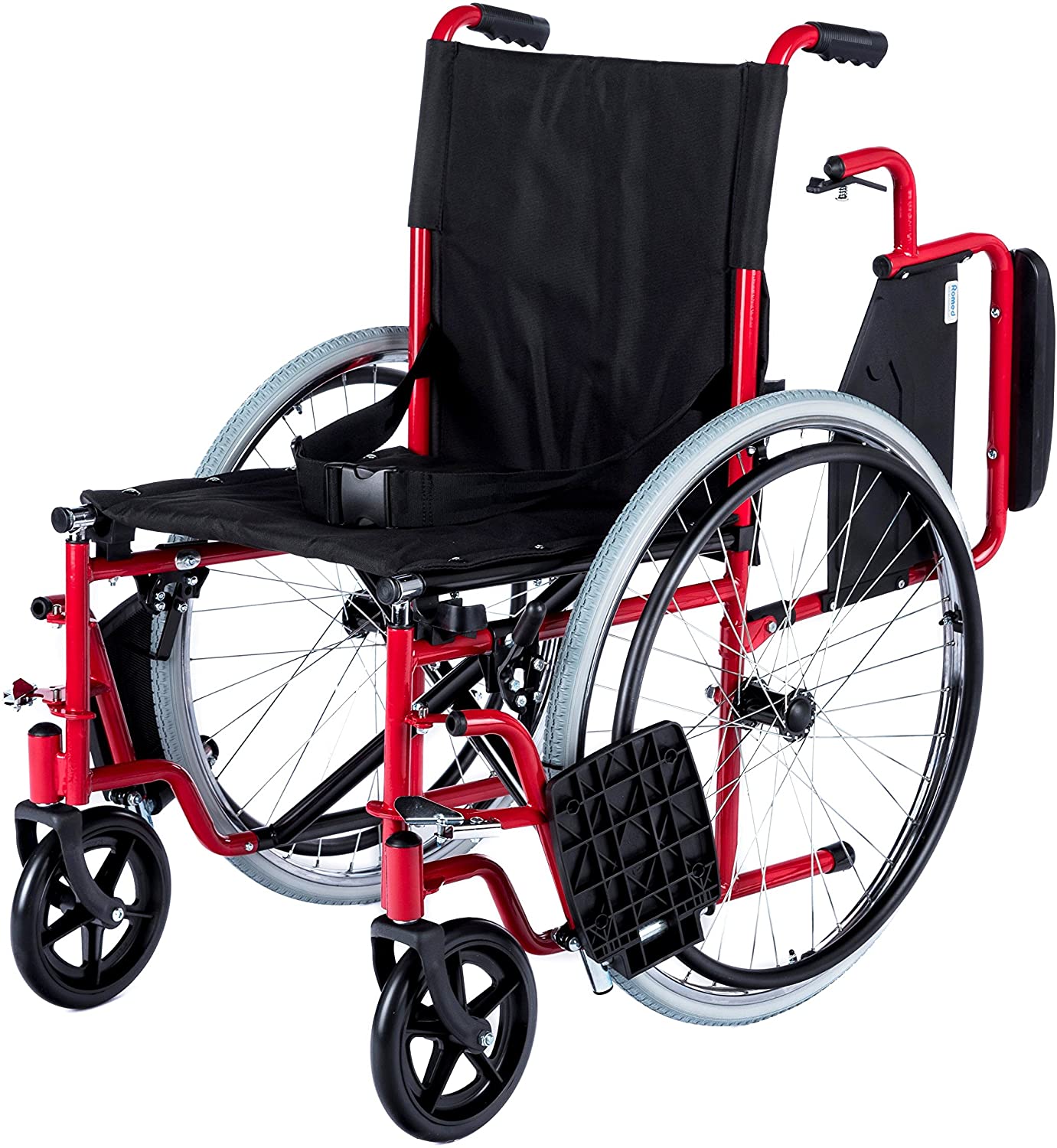 Bild eines manuellen Rollstuhls mit einer Sitzbreite von 46 cm. Der Rollstuhl hat ein modernes, ansprechendes Design und ist faltbar, was die Handhabung und Lagerung erleichtert. Die Armlehnen sind gepolstert und klappbar, um den Benutzerkomfort zu erhöhen. Die großen, stabilen Hinterräder sorgen für eine einfache Bewegung und Mobilität. Die Farbe des Rollstuhls ist ein klassisches Schwarz. Hintergrund ist neutral, um den Fokus auf das Produkt zu legen.