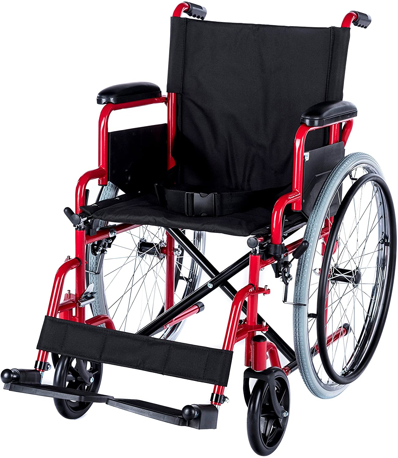 Ein roter, faltbarer Rollstuhl mit einer Sitzbreite von 46 cm. Der Rollstuhl hat gepolsterte Armlehnen, einen stabilen Rahmen und große, profiliierte Räder, die eine einfache Mobilität ermöglichen. Die Fußstützen sind verstellbar und klappbar, was den Zugang erleichtert. Die Sitzfläche und die Rückenlehne sind mit einem strapazierfähigen, atmungsaktiven Stoff bezogen. Der Rollstuhl ist für den manuellen Gebrauch konzipiert und bietet eine praktische Lösung für Menschen mit eingeschränkter Mobilität.