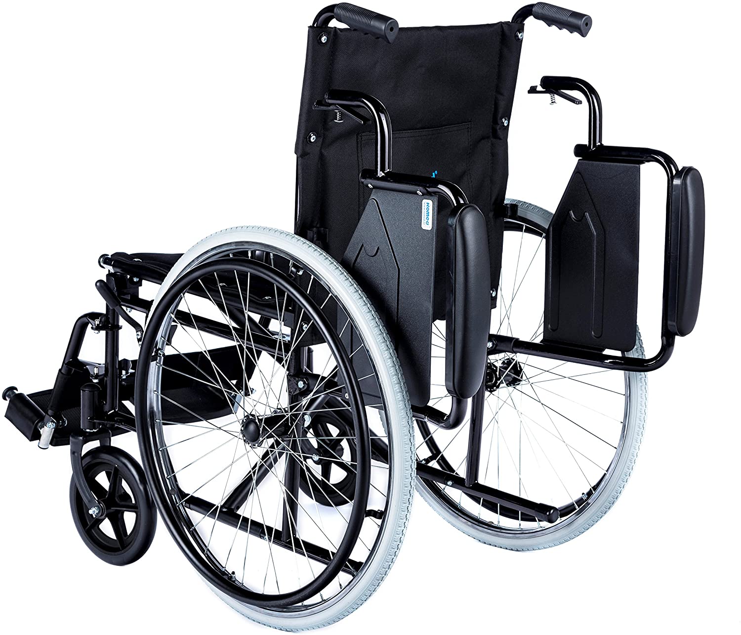 Ein roter, faltbarer manueller Rollstuhl mit einer Sitzbreite von 46 cm ist zentral im Bild platziert. Der Rollstuhl verfügt über breite, gepolsterte Armlehnen und einen komfortablen Sitz. Die Räder sind groß und robust, ideal für verschiedene Untergründe. Der Stoßdämpfer ist sichtbar, um Fahrkomfort zu gewährleisten. Im Hintergrund ist eine neutrale Umgebung zu sehen, die den Fokus auf den Rollstuhl lenkt. Der Rollstuhl wirkt modern und funktional, perfekt für den täglichen Gebrauch.