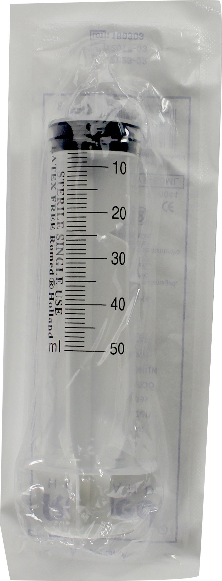 Frontalansicht einer einzeln steril verpackten Romed Einmalspritze mit 50 ml Graduierung.