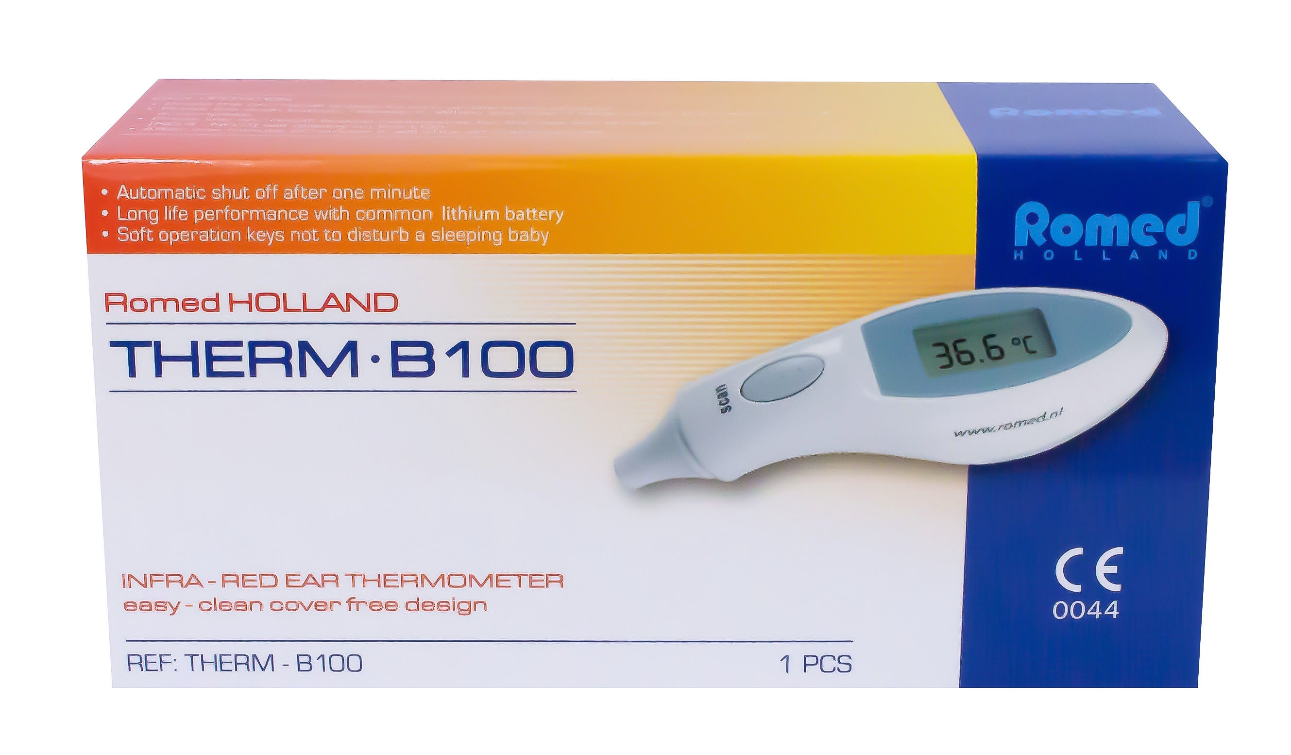 Frontalansicht der Verpackung des Romed Therm B100 Ohrthermometers.