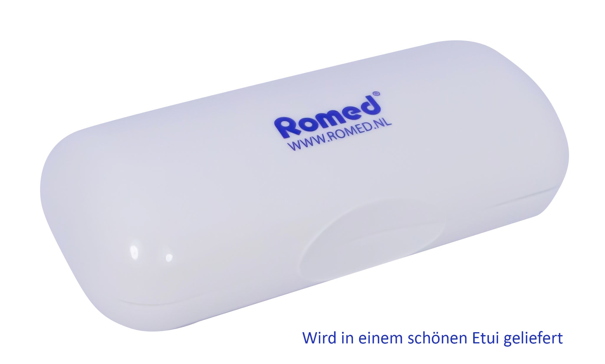 Nahaufnahme der mitgelieferten Schutzhülle des Romed Therm B100 Ohrthermometers.