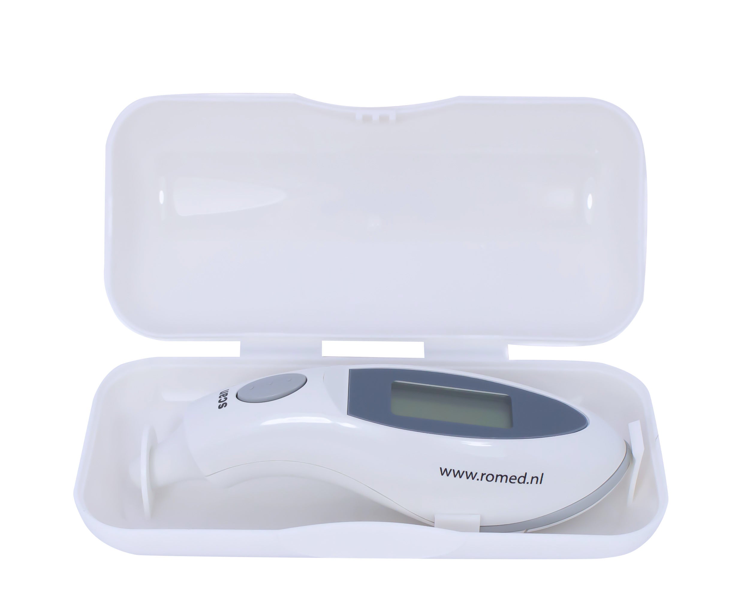 Frontalaufnahme eines in seiner Schutzhülle liegenden Romed Therm B100 Ohrthermometers.