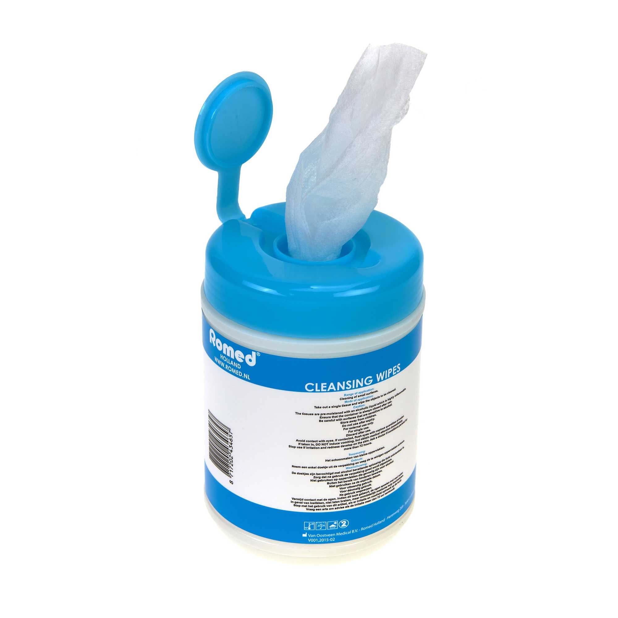 Reinigungstücher in einer praktischen Spenderdose. Die Dose ist weiß mit einem türkisfarbenen Deckel und trägt das Logo "Romed". Sie enthält 110 unterschiedliche Reinigungstücher, die in einem kompakten Format von 20 x 11 cm bereitgestellt werden. Im Vordergrund ist der Deckel leicht geöffnet, wodurch die Tücher teilweise sichtbar sind. Die Verpackung ist übersichtlich gestaltet und ideal für die hygienische Handhabung.