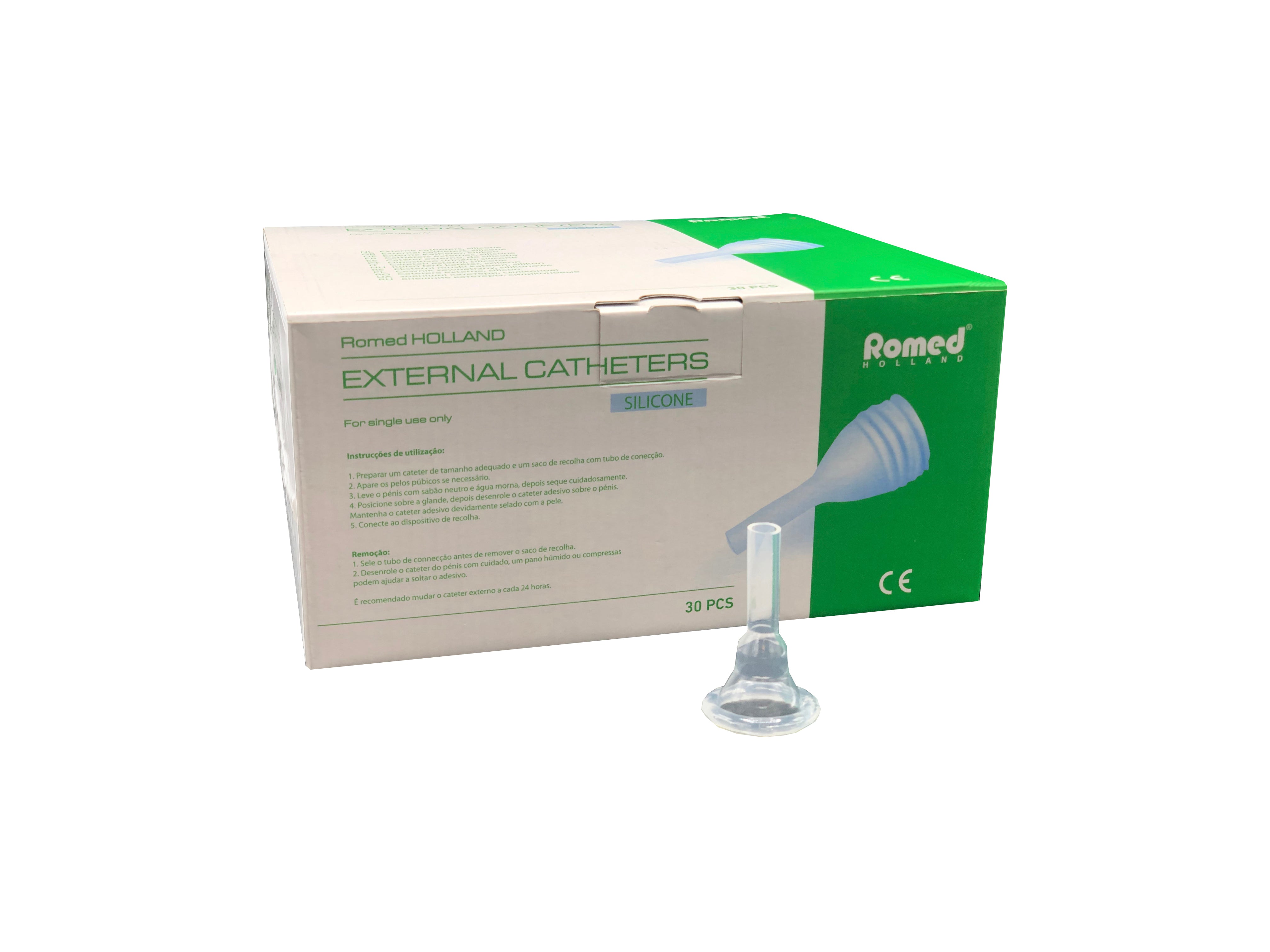 Das Bild zeigt ein einzelnes, verpacktes Romed Urinalkondom, das als externer Katheter für Männer konzipiert ist. Der Katheter besteht aus flexiblem, hautfreundlichem Silikon und ist transparent, was eine angenehme Anwendung ermöglicht. Die Verpackung ist sauber und informativ gestaltet, mit klaren Hinweisen zu Verwendung und Anwendungsbereich. Der Hintergrund ist neutral, wodurch das Produkt im Fokus steht.
