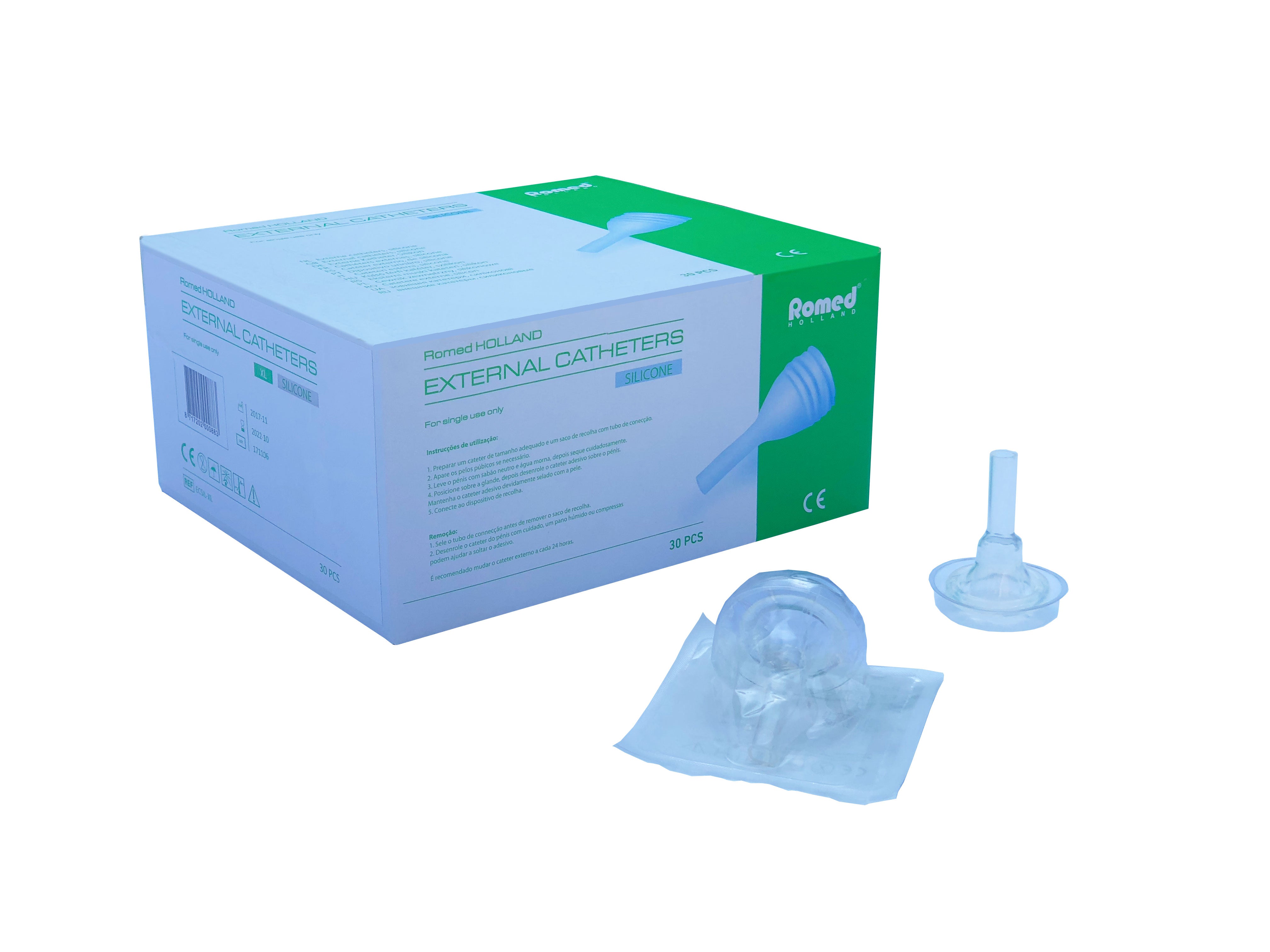 Abbildung eines Romed Urinalkondoms, welches als externer Katheter für Männer konzipiert ist. Das Produkt besteht aus transparentem, flexiblen Silikonmaterial, das sich sanft an die Körperform anpasst. Das Urinalkondom ist in der Größe M erhältlich und wird einzeln verpackt angeboten, was für Hygiene und einfache Handhabung sorgt. Die Verpackung zeigt eine klare Struktur mit Produktinformationen und dem Markenlogo.