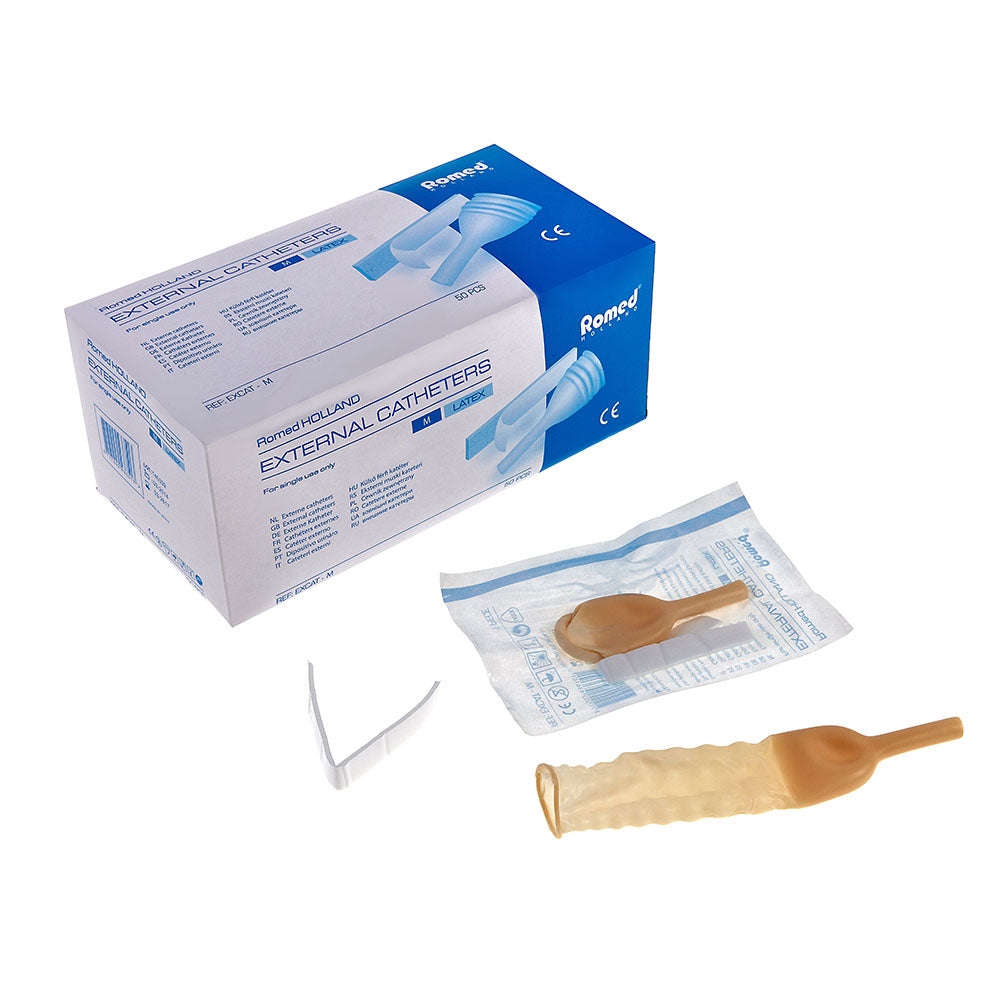 Das Bild zeigt ein Paket mit Romed Urinalkondomen, die als externe Katheter verwendet werden. Die Verpackung ist in einer klaren, weißen Farbe gehalten und zeigt ein ansprechendes Design. Auf der Vorderseite sind Informationen über das Produkt, einschließlich der Größe und der Stückzahl, gut lesbar. Die Urinalkondome selbst sind in einem transparenteren Material abgebildet, das ihre Form und Struktur erkennen lässt.