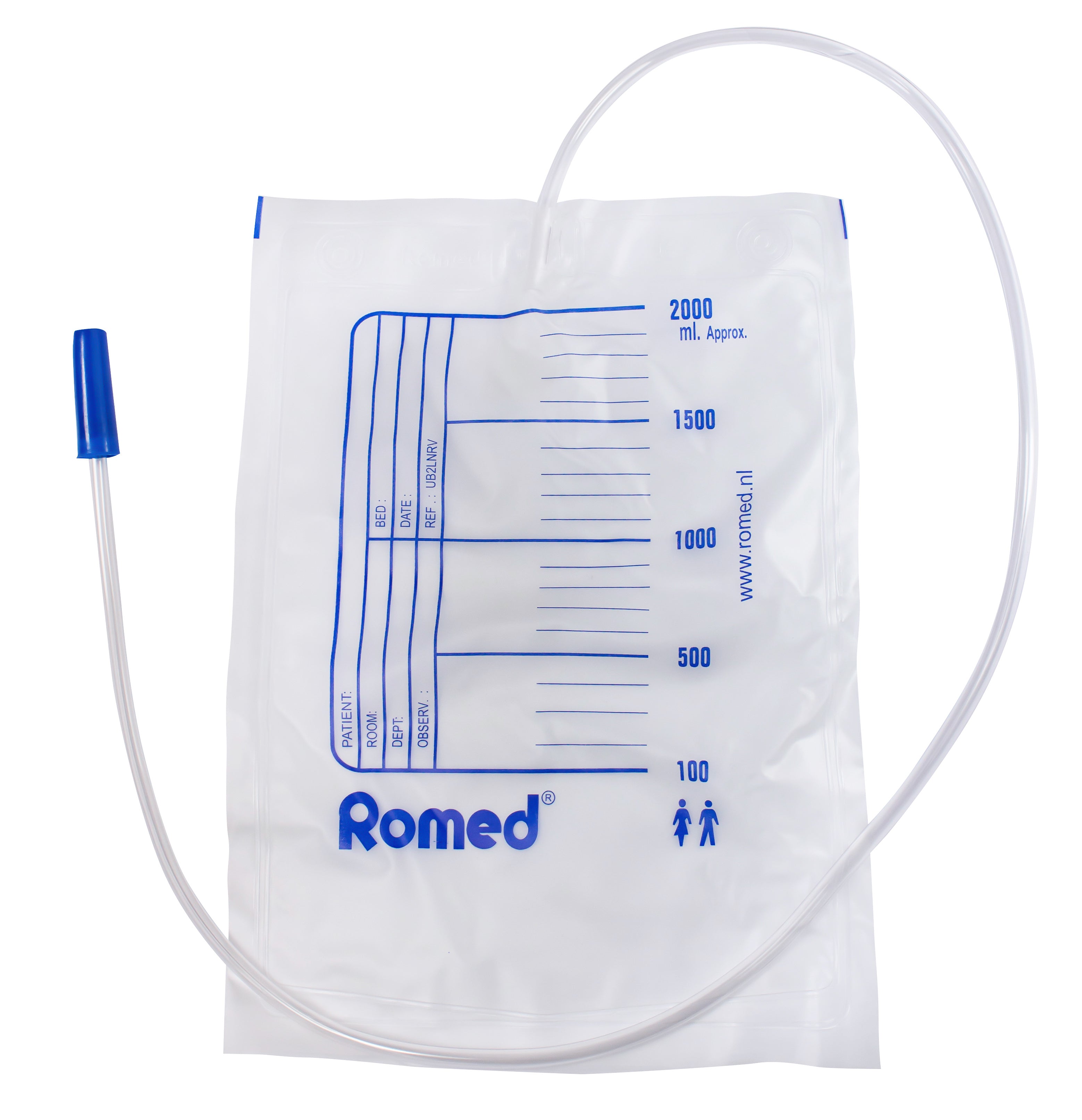 Alt-Text: Produktbild eines Romed Urinbeutels mit einem Volumen von 2 Litern. Der Beutel ist transparent, sodass der Füllstand gut sichtbar ist, und hat eine praktische Skala zur Abstimmung der Menge. An einem Ende des Beutels befindet sich ein 90 cm langer Schlauch ohne Ablauf, der für eine einfache Positionierung sorgt. Der Beutel ist mit einem fast unsichtbaren Verschluss versehen.