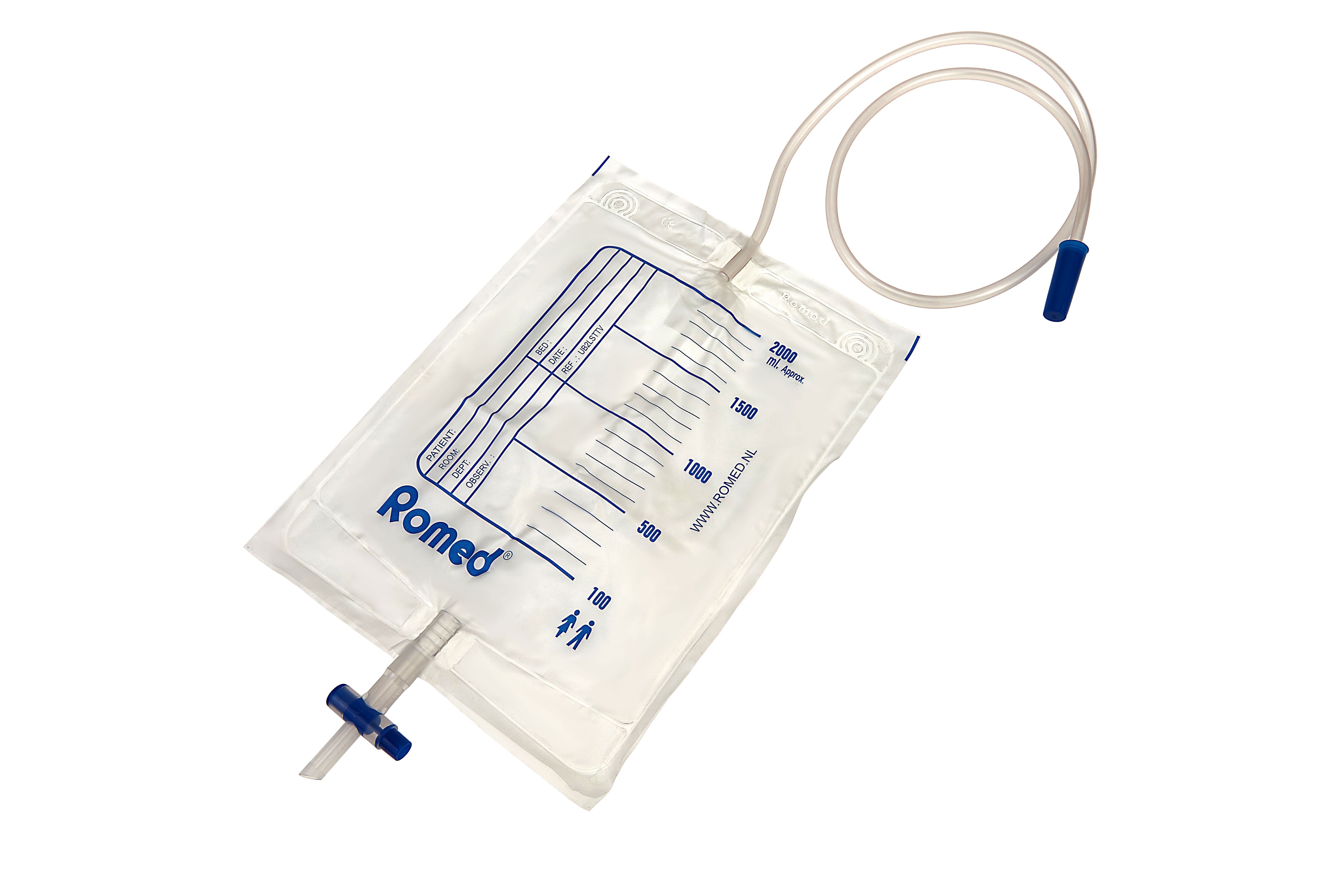Bild eines 2-Liter-Rohrenbeutels mit Ventil und T-Ablass. Der Beutel ist transparent, wodurch der Füllstand deutlich sichtbar ist. Er hat eine breite Öffnung für eine einfache Befüllung. An der Seite befindet sich ein integriertes Ventil, das eine präzise Entleerung ermöglicht. Der T-Ablass ist markant hervorstehend und ermöglicht einen schnellen Austausch des Beutels. Das Design ist funktional und richtet sich an medizinische Anwender.