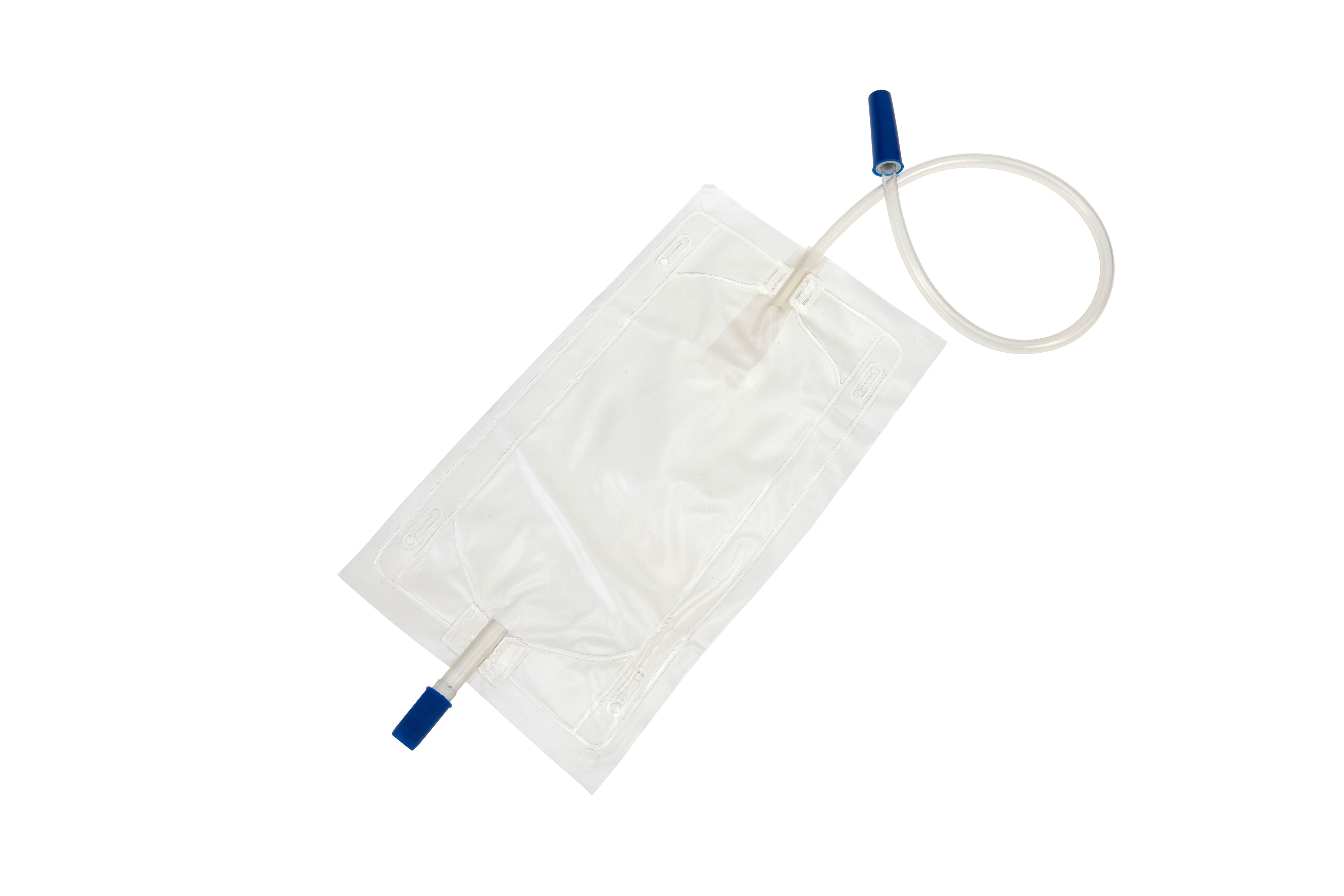 Transparentes Urinbeutel mit 500 ml Fassungsvermögen, ausgestattet mit einem praktischen Ventil und Ablasshahn. Der Beutel ist steril und wird in einer hygienischen Verpackung präsentiert. Die Skala auf der Seite ermöglicht eine einfache Messung des Füllstands. Der Beutel hat eine klare Struktur, die den Inhalt sichtbar macht, und robuste Anschlüsse für eine sichere Verbindung.