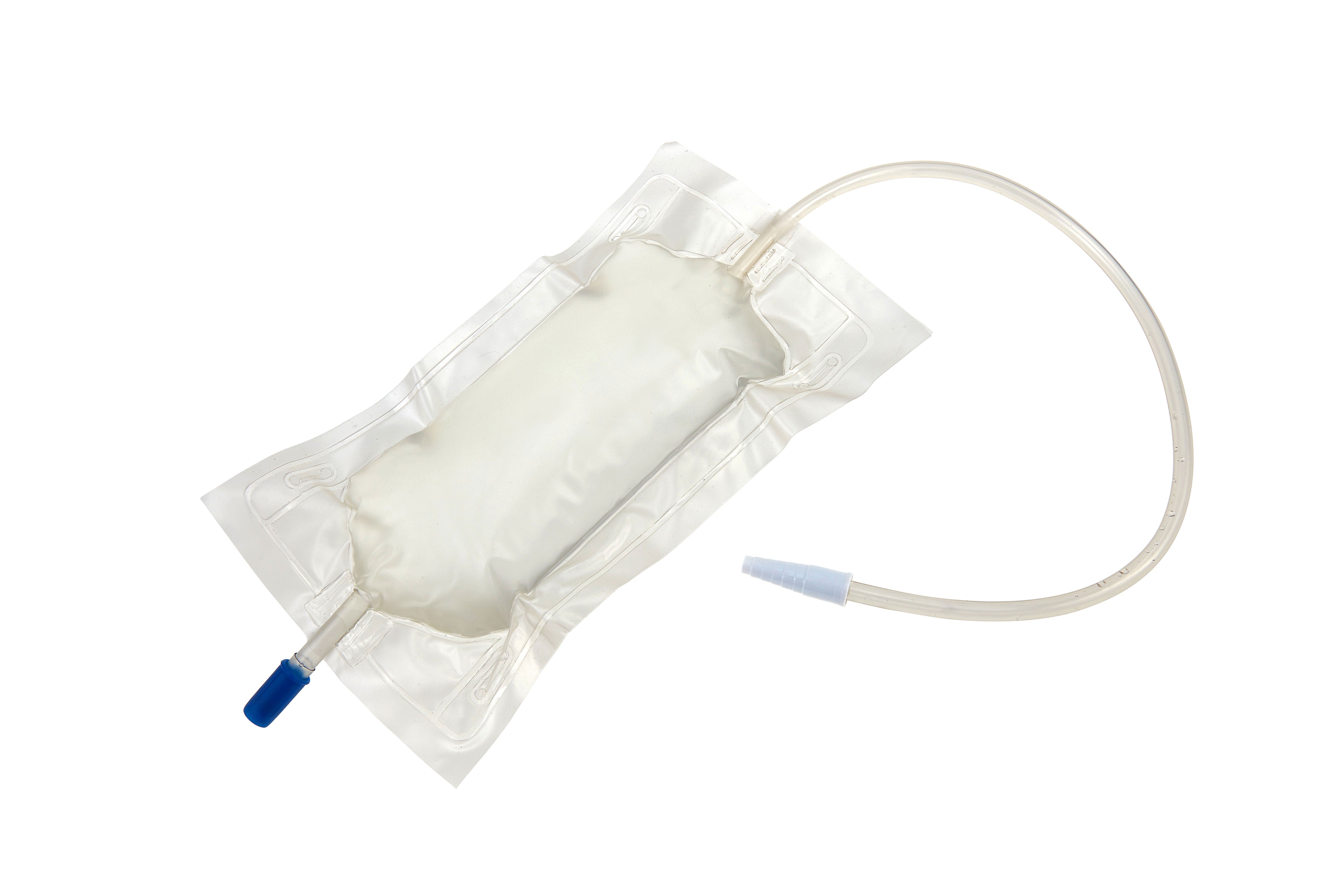 Alt-Text: Abbildung eines ROMED Urinbeutels mit 500 ml Fassungsvermögen. Der Beutel ist transparent und zeigt eine klare Skala zur Füllstandsanzeige. An der Oberseite befindet sich ein Ventil, das für eine einfache Anwendung sorgt. Der Ablasshahn ist an der Unterseite des Beutels angebracht und ermöglicht eine hygienische Entsorgung des Inhaltes. Der Beutel ist steril verpackt, was für eine sichere Nutzung sorgt.