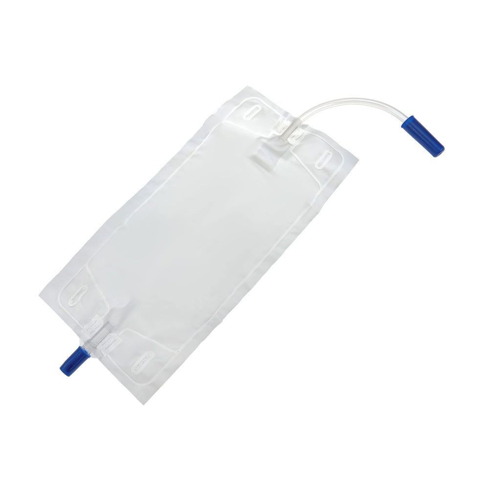 Ein transparenter Urinbeutel mit einem Volumen von 750 ml, aus flexiblem Kunststoff, ist in der Mitte des Bildes abgebildet. Der Beutel verfügt über eine blau-weiße Skalierung zur genauen Messung des Inhalts und eine große Öffnung mit einem braunen Verschluss zur sicheren Entleerung. An der oberen Seite befindet sich eine graue Halteöse, die das Anbringen erleichtert.