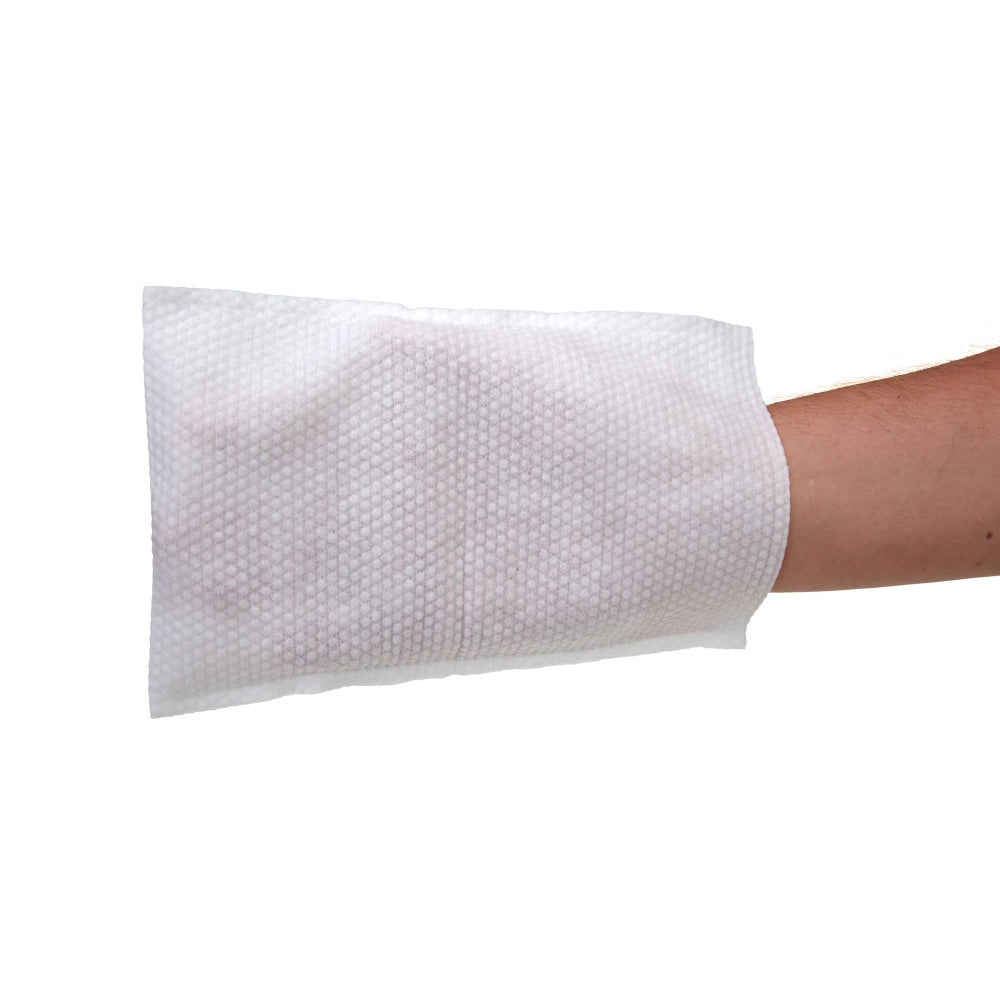 Feuchter Waschhandschuh in hellblauer Farbe, verpackt in einer transparenten Verpackung. Der Handschuh ist straff und auf der Vorderseite sichtbar, mit einem dezenten Muster. Die Verpackung zeigt zusätzliche Informationen wie Größe und Anwendungshinweise, um den Kunden eine einfache Handhabung zu gewährleisten. Der Hintergrund ist neutral, um den Fokus auf das Produkt zu lenken. Ideal für die schnelle Reinigung, besonders für unterwegs oder im Pflegebereich.