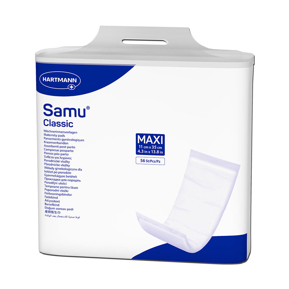 Frontalansicht einer Packung Samu Classic Maxi Inkontinenzvorlagen.
