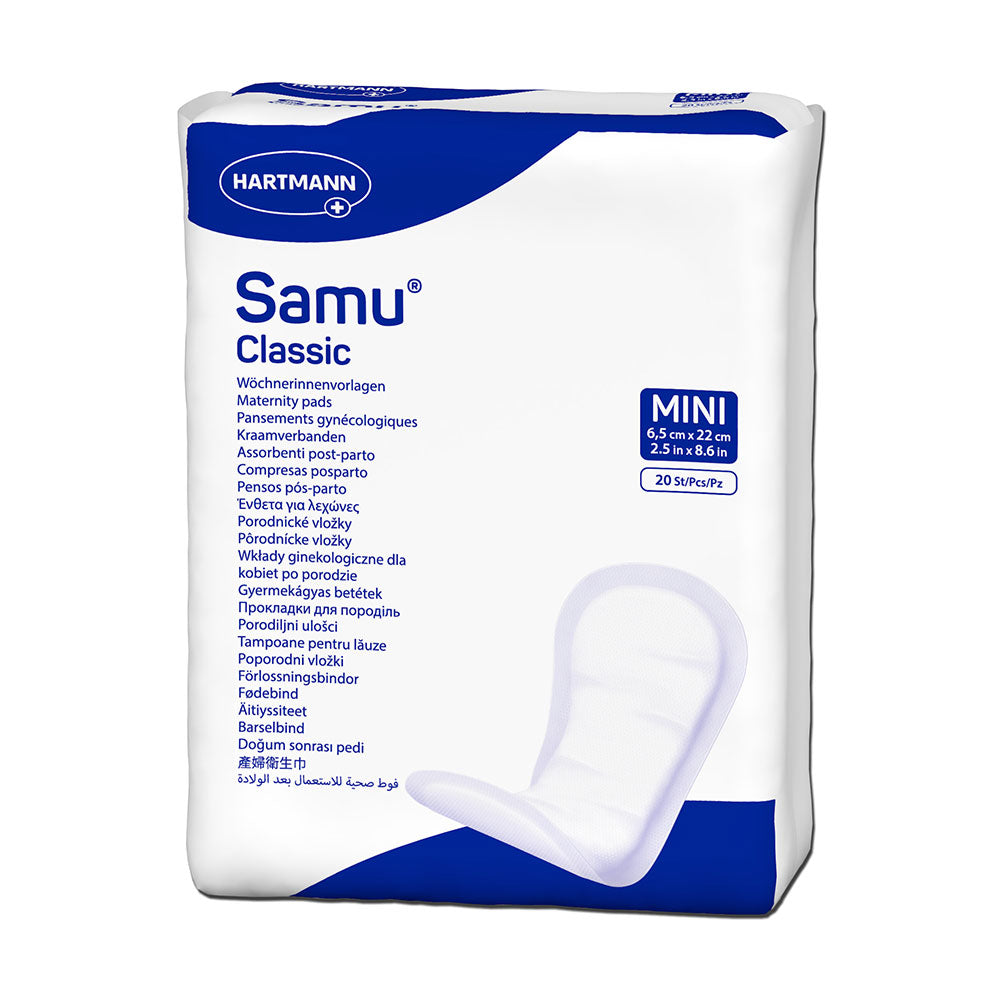 Frontalansicht einer Packung Samu Classic Mini Inkontinenzvorlagen.
