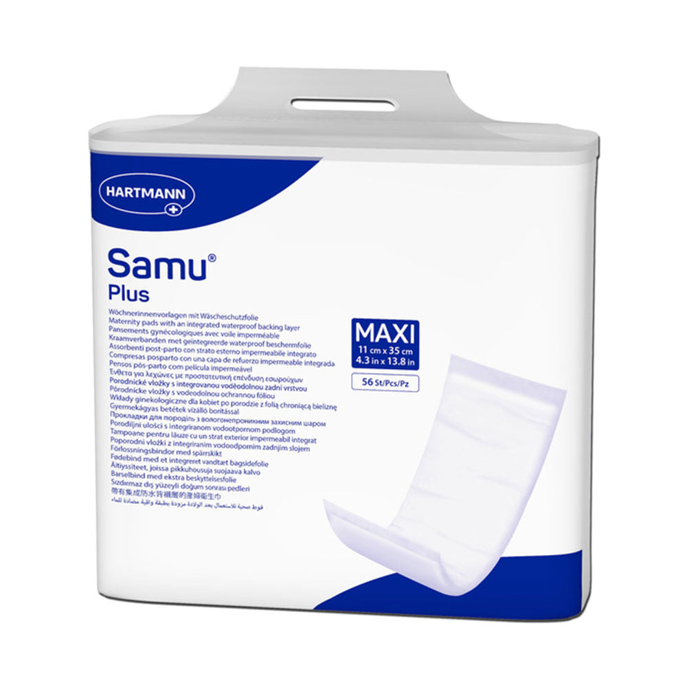 Frontalansicht einer Packung Samu Plus Maxi Inkontinenzvorlagen.
