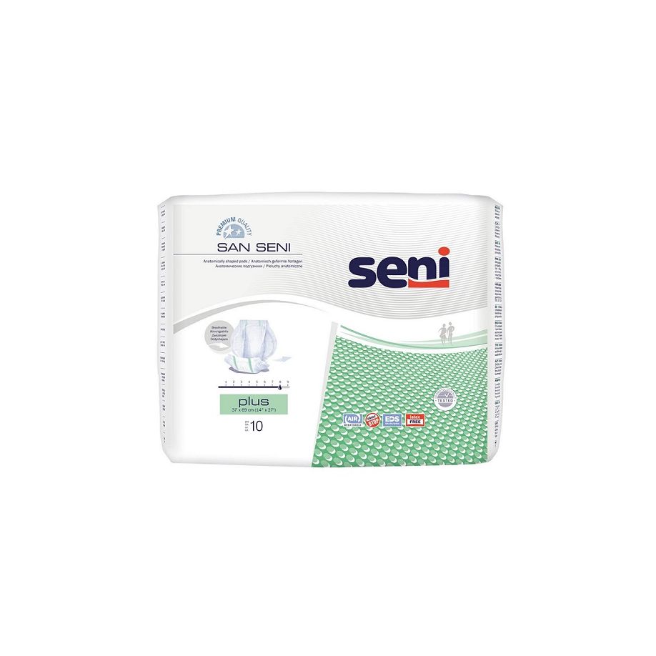 Ein Packung mit zehn San Seni Plus Inkontinenzvorlagen liegt auf einem hellen Hintergrund. Die Verpackung ist in einer transparenten Folie eingeschweißt, die die Vorlagen in der Größe 37 x 69 cm zeigt. Auf der Vorderseite sind der Produktname, die Größe und "unisex" deutlich in lesbarer Schrift abgedruckt. Im Hintergrund sind einige sanfte, verschwommene Farben zu erkennen, die eine ruhige Atmosphäre schaffen.