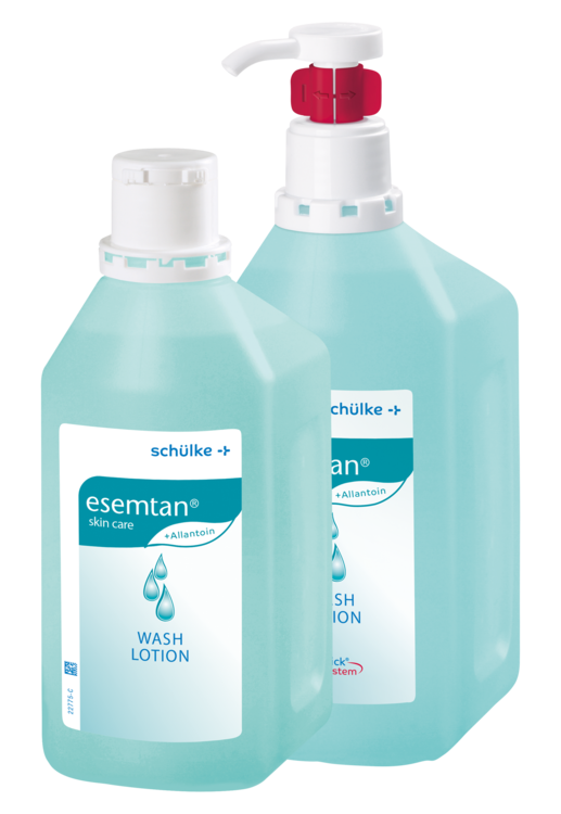 Flasche mit ESEMTAN Waschlotion von Schulke, 500 ml. Die Flasche ist weiß mit einer blauen Pumpe, die sich oben befindet. Auf dem Etikett sind der Produktname „ESEMTAN Waschlotion“ sowie Informationen zur Anwendung und den Inhaltsstoffen in blauer Schrift auf weißem Hintergrund abgebildet. Es gibt auch das Schulke-Logo in der oberen Ecke. Der Hintergrund ist neutral und unauffällig, sodass die Flasche und ihr Inhalt im Fokus stehen. Ideal zur sanften Reinigung und Pflege der Haut.