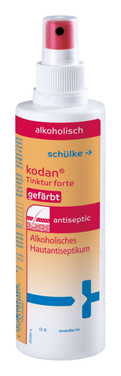 Produktbild einer 250 ml Flasche Schulke Kodan Tinktur Forte, gefärbt. Die Flasche hat einen klaren, rechteckigen Körper und einen blauen Deckel. Das Etikett zeigt ein modernes Design mit wichtigen Informationen zur Anwendung, wie auch das markante Logo von Schulke. Der Hintergrund der Flasche ist transparent und lässt die gefärbte Flüssigkeit erkennen, die eine kräftige Färbung aufweist. Diese Desinfektionslösung wird häufig in medizinischen oder hygienischen Anwendungen verwendet.