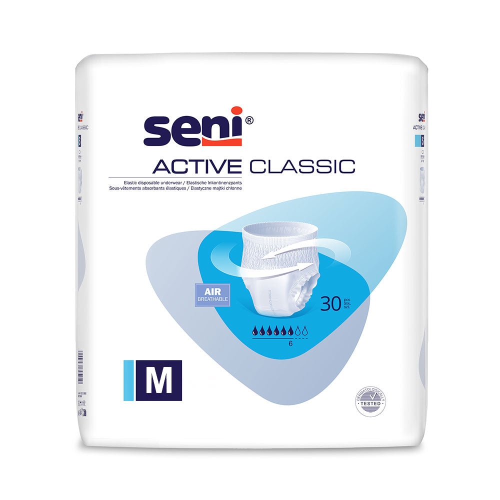 Frontalansicht einer Packung Seni Active Classic Medium Inkontinenzhosen.