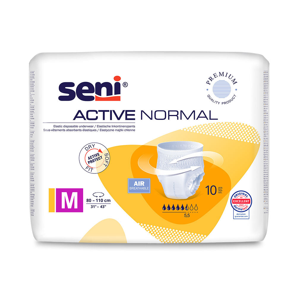 Frontalansicht einer Packung Seni Active Normal Medium Inkontinenzhosen.