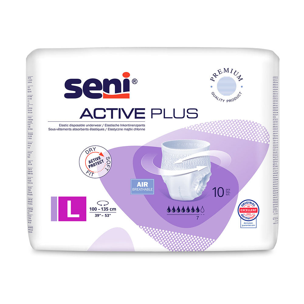 Frontalansicht einer Packung Seni Active Plus Large Inkontinenzhosen.